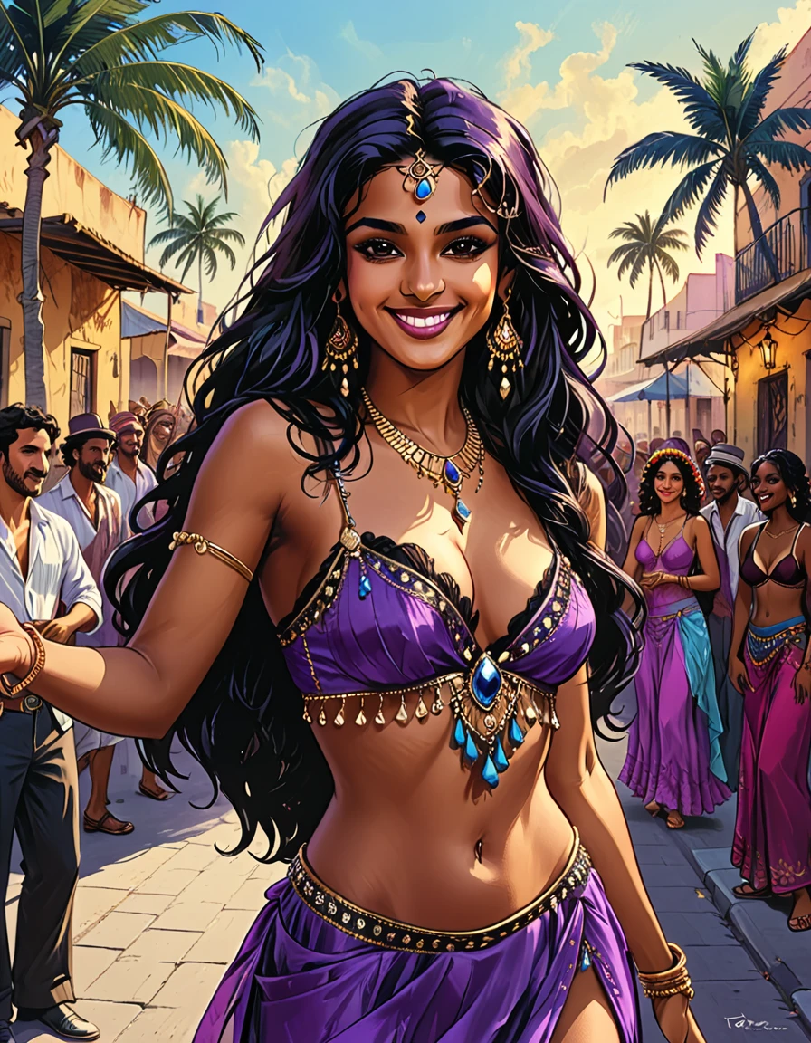city square, smile,
(((portrait of a gypsy woman extending her hand to the observer with a smile, a gypsy woman extending her hand in front of herself,)))(gypsy dancing,black long Waves hair, black eyes, Fleshy nose, Thin nude Lips, dark makeup,(jewelry), ((tiara)), ((dark violet hood)), wearing intricate violet clothes, shawl, dark skin, mole under eye, gypsy dress, ) stage, a high stage on the street on which a gypsy dances and a music band plays, street, people looking at the stage, tropical street, palm trees, musician with a guitar, musician on drums, graphic style of novel comics, 2d, 8k, hyperrealism, masterpiece, high resolution, best quality, ultra-detailed, super realistic, Hyperrealistic art, high-quality, ultra high res, highest detailed, lot of details, Extremely high-resolution details, incredibly lifelike, colourful, soft cinematic light,