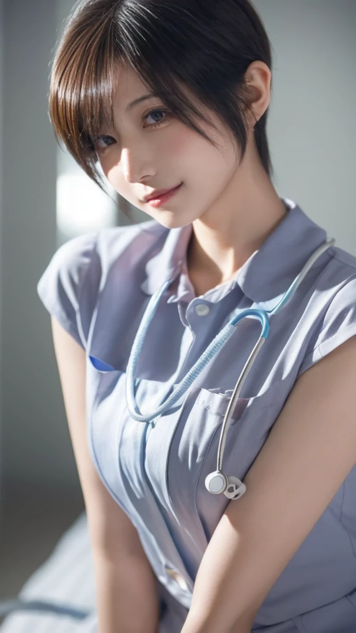 Inside the hospital、nurse, Attractive nurse woman, Very sexy, A kind smile、As a retro-future heroine, elegant and charming cosplay, amouranth as a super villain, Slender young body, masterpiece, Masterpiece best quality, Highest quality ultra detailed, Super detailed highres, High resolution, High resolution 4K, 4l 4k portrait, 4k portrait 8k, 8k 8k portrait, 8k portrait unity 8k wallpaper, extremely detailed CG unity 8k wallpaper, Extremely detailed CG Unity 8k wallpaper realistic, Realistic RAW photo, Raw photo real person, Real people portrait photography, Photorealistic portrait photography, Photorealistic shiny skin, Shiny skin Detailed skin, Detailed, dynamic pose