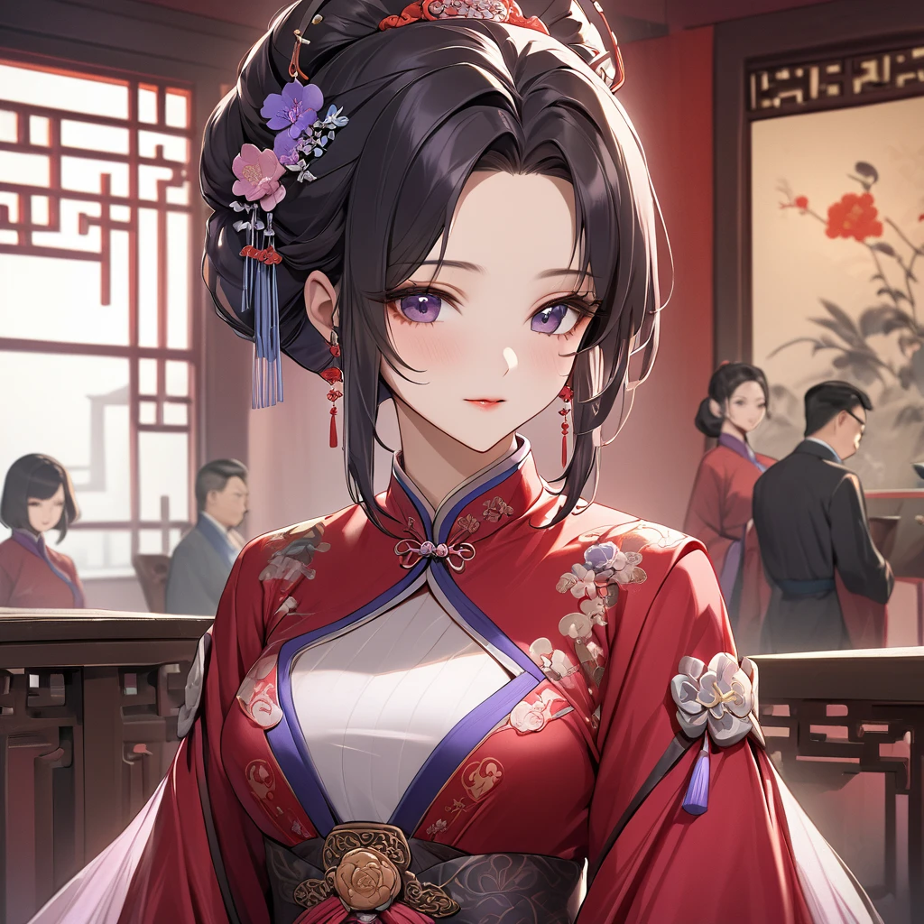 ((Highest quality)), ((masterpiece)), (detailed), (Perfect Face)、The woman is a Chinese woman named Kocho Shinobu.。, Purple gradient bob black hair and formal evening hairstyles. She is wearing an engagement ring. She is a prominent member of the Chinese Communist Party.、She is the wife of a great old Communist Party official.、A woman is beautifully dressed in a luxurious and gorgeous red ancient Chinese empress costume in ancient Chinese court attire、An elegant Chinese lady in a posh room
