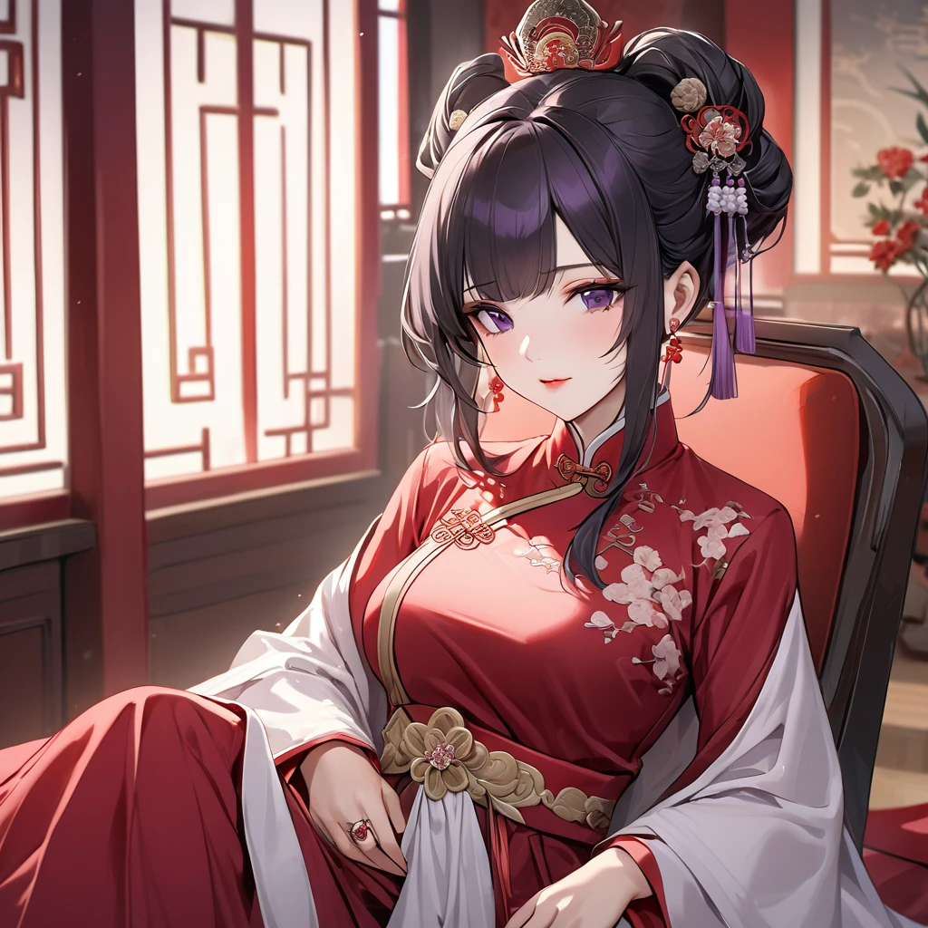 ((Highest quality)), ((masterpiece)), (detailed), (Perfect Face)、The woman is a Chinese woman named Kocho Shinobu.。, Purple gradient bob black hair and formal evening hairstyles. She is wearing an engagement ring. She is a prominent member of the Chinese Communist Party.、She is the wife of a great old Communist Party official.、A woman is beautifully dressed in a luxurious and gorgeous red ancient Chinese empress costume in ancient Chinese court attire、An elegant Chinese lady in a posh room