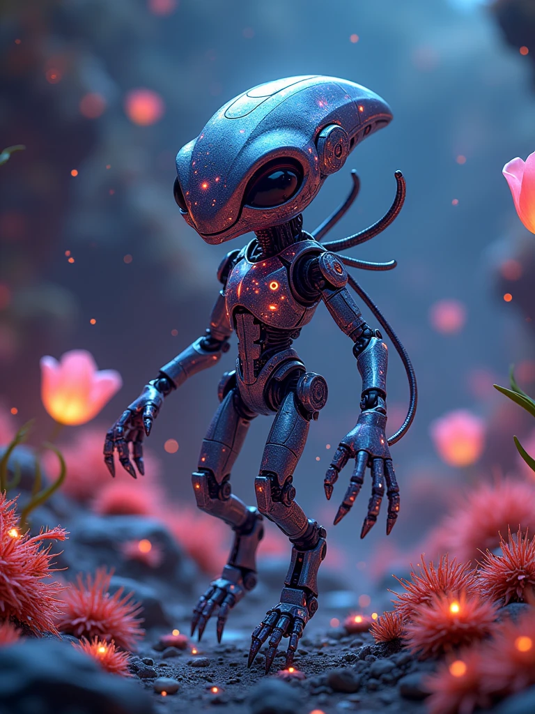 (3D，Mechanical feel，cute，ais-scrapyrd Alien，Black Light Art)，(使用广角镜头拍摄whole body图像:1.9)，(masterpiece:1.1)，(Highest quality:1.1)，(HDR:1.0)，Ambient Light，Ultra high quality，(Ultra-detailed original illustrations)，(((An alien creature，Possessing multiple brightly colored appendages and eyes that flash in various hues。When it moves in a zero-gravity environmen body emits bioluminescence。Its body is carved with intricate patterns，Similar to the constellations in the sky。Its skin color changes depending on its surroundings。This alien creature lives in an alien terrain filled with bioluminescent plants，These plants emit a soft radiant light，Casts an otherworldly glow across the dark background landscape)))，Double Exposure，Fusion of Fluid Abstract Art，Fault，(Original illustration composition)，(Limited color blending，Extreme art style，Geometric artstyle), Colorful neon lights，High-tech mechanical parts，Metal body，(Detailed vibranium tulip flower design:1.9)，Vibrant colors，Dynamic glowing tulip flowers，Reflective metal surface，Bright environment，Dynamic poses，Exquisite existence，Skills Improvement，Interlocking mechanical gears，Stylish design，motion blur effect，Detailed metal treatment，Sci-fi atmosphere，Streamlined aerodynamic shape，Laser scanning pattern，Holographic projection，LED light track，Beautiful and unforgettable，Advanced sensors，Complex algorithms，Ominous and mysterious atmosphere，Electric Spark，Shiny chrome，Propulsion systems of the future，(Best quality，8k，high resolution，masterpiece:1.2)，Super detailed，(whole body:1.8), magazine photography，一个cute的女孩形象，Popular on social platforms，((Dopamineism))，(((Dopamine color matching)))，Dopamine，(in the style of Y2K)，Luo Erchun，3D古风，Oriental poetry and painting