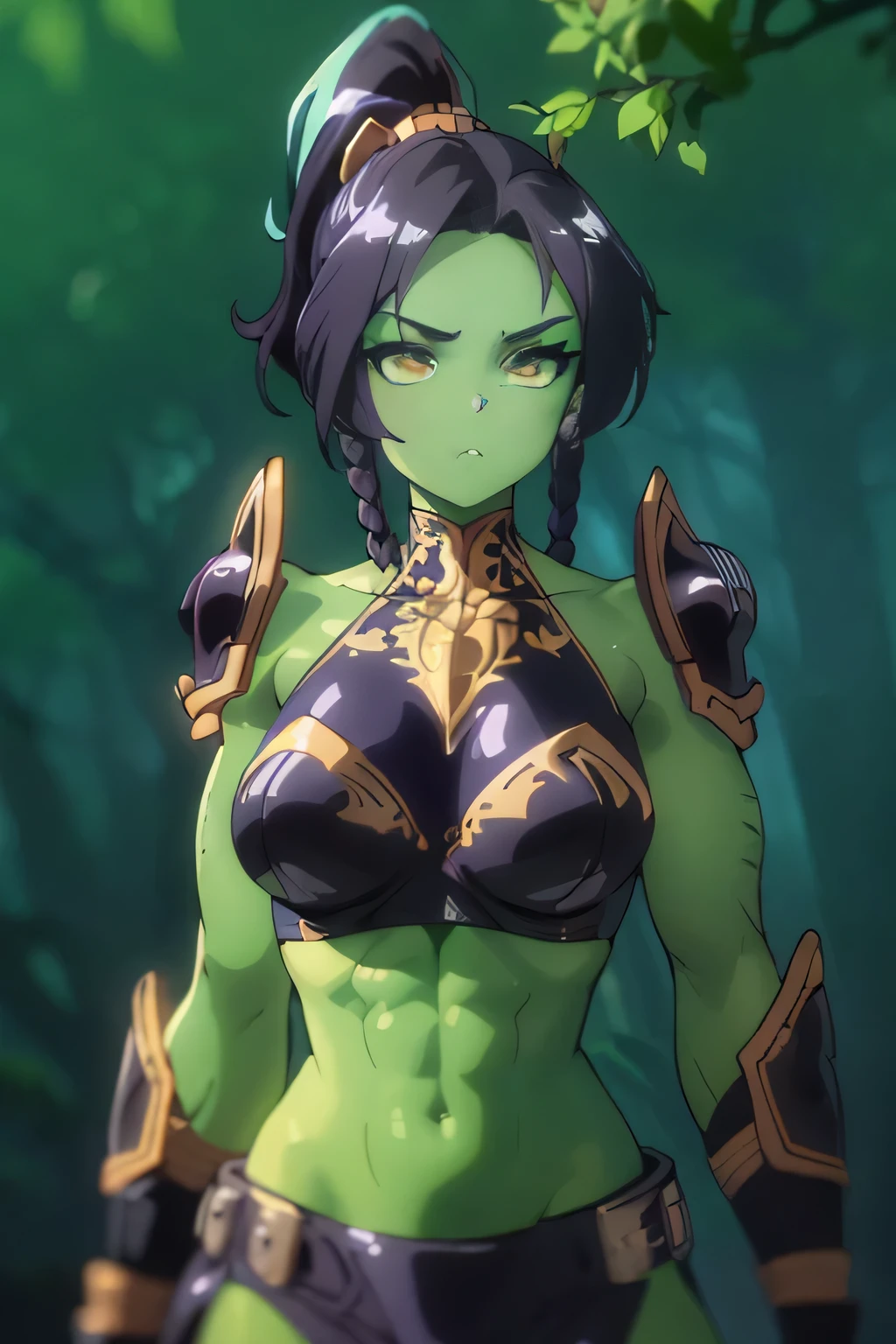 photo of beautiful Orc, RAW, beautiful woman, (portrait), (detailed anime face:1.2), (detailed green skin, dark green makeup, smooth green skin: 1.22), (Long black braided ponytail: 1.4), (perfect proportioned body, Strong, muscular, narrow waist, narrow hips, skinny, medium breasts), (she wears cropped leather armor), (detailed dark Forest, giant trees), (realistic photo, best quality, detailed), (8k wallpaper), (cinematic lighting, beautiful light, (day:1.3)) (sharp focus, intricate)