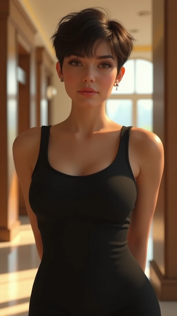 a charming chubby brown-eyed girl, (flat press:1.1), (flat chest:1.3), (pixie haircut for short hair:1.2), standing in hotel lobby, wearing black tank top, portrait, hips, (best quality,4k,8k,ultra highres,masterpiece:1.2),ultra-detailed,(realistic,photorealistic,photo-realistic:1.37),HDR,UHD,studio lighting,ultra-fine painting,sharp focus,physically-based rendering,extreme detail description,professional,vivid colors,bokeh,portrait