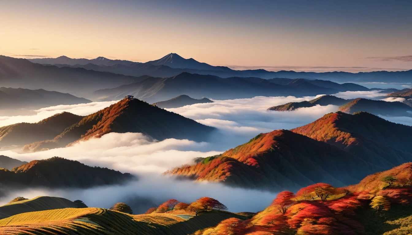 Japanese countryside, Valley, autumn, sunny, sea of clouds,morning, (Highest quality,4K,8k,High resolution,masterpiece:1.2),Very detailed,(Realistic,photoRealistic,photo-Realistic:1.37),High resolution,超High resolution,Studio Lighting,Vibrant colors,Professional