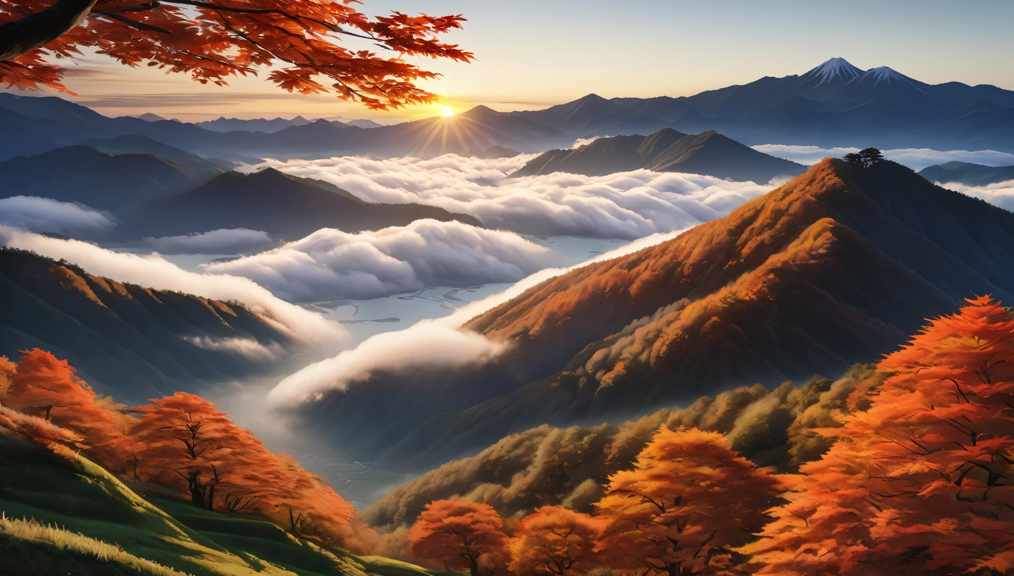 Japanese countryside, Valley, autumn, sunny, sea of clouds,morning, (Highest quality,4K,8k,High resolution,masterpiece:1.2),Very detailed,(Realistic,photoRealistic,photo-Realistic:1.37),High resolution,超High resolution,Studio Lighting,Vibrant colors,Professional