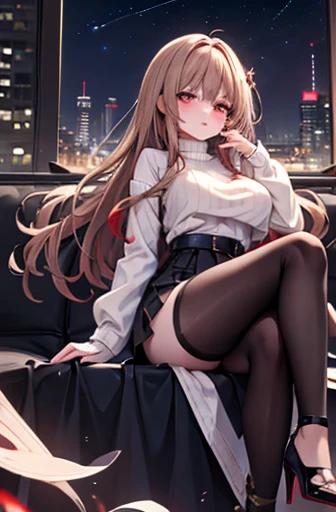 game , Nikke, the goddess of victory, Neat , Light brown hair,  Captivating eyes ,beautiful face , Crystal red eyes ,  Long Hair ,sweater shirt, Cream colored shirt, pants, Bright Eyes, ,G-cup breasts, Narrow waist, Captivating thighs, , 5 fingers on each hand, both hands ,2 Foot , city, date, Sit down, Are standing, beautiful, High heels, Nightlife,Large Breasts