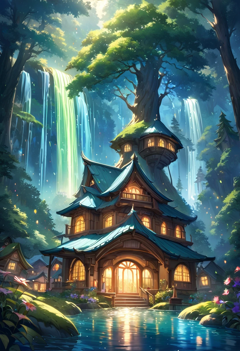 The atmosphere of a village where fairies live in a deep forest., Fairy village in a small forest, Trees cover half the sky, Hazy Mist, flowing stream of light, small winding cascading waterfall, nice waterfall, Beautiful fantasy paintings, bioluminescence waterfall, golden heavenly light, Epic surrealist 8K oil painting, A small European-style house is a fairy house, lighting in the house, forest of giant trees, calm stream water, Magnificent tree, Moonlit night,