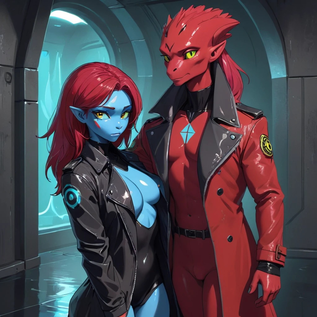 Oc,na’vi, a alien blue skin red hair skinny buff femboy man wearing hunter suit latex,black cotton trench-coatand a red mark on the bust,thick, in an 80’s style. He’s androgynous , including some weapons and a sensual , cool expression. Sweating.The scene has a cool,sweet,sexual,stargate style and a vibrant tone. Modern setting in the background 