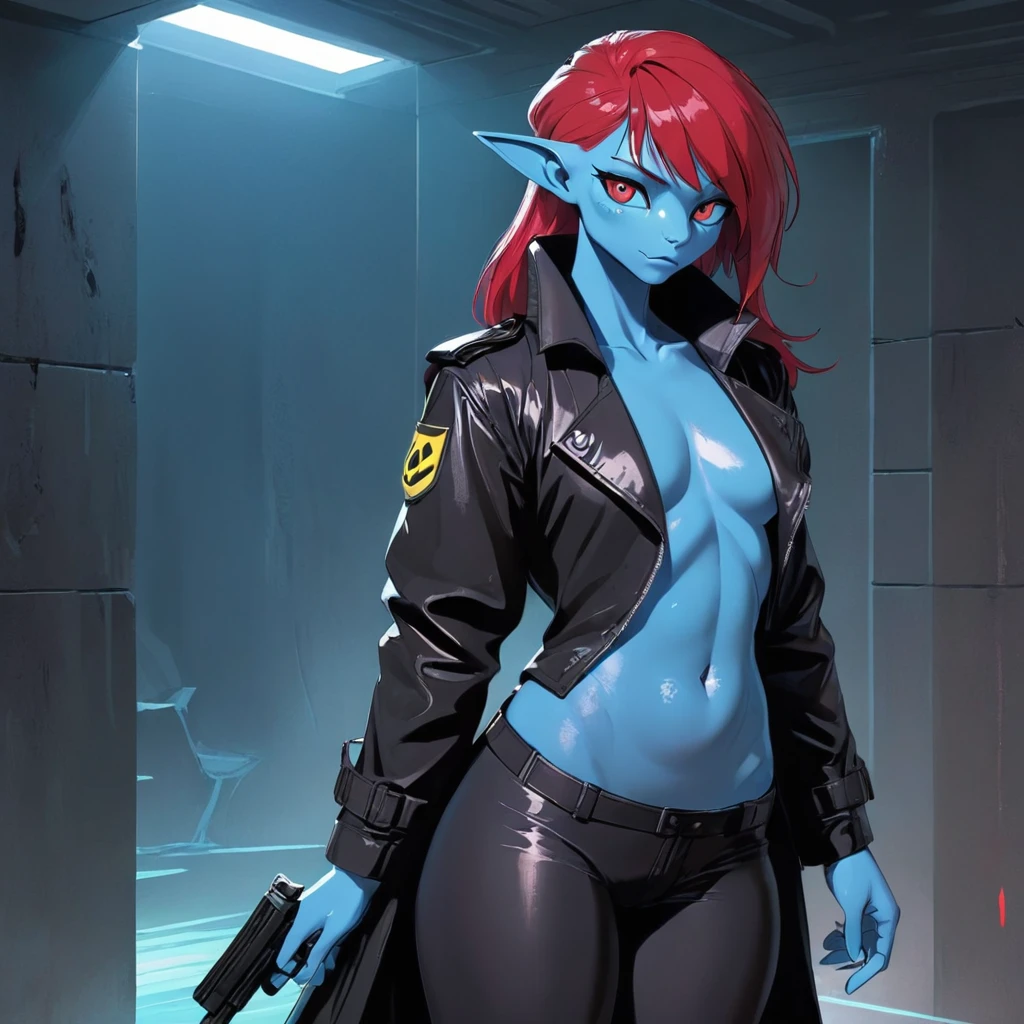 Oc,na’vi, a alien blue skin red hair skinny buff femboy man wearing hunter suit latex,black cotton trench-coatand a red mark on the bust,thick, in an 80’s style. He’s androgynous , including some weapons and a sensual , cool expression. Sweating.The scene has a cool,sweet,sexual,stargate style and a vibrant tone. Modern setting in the background 