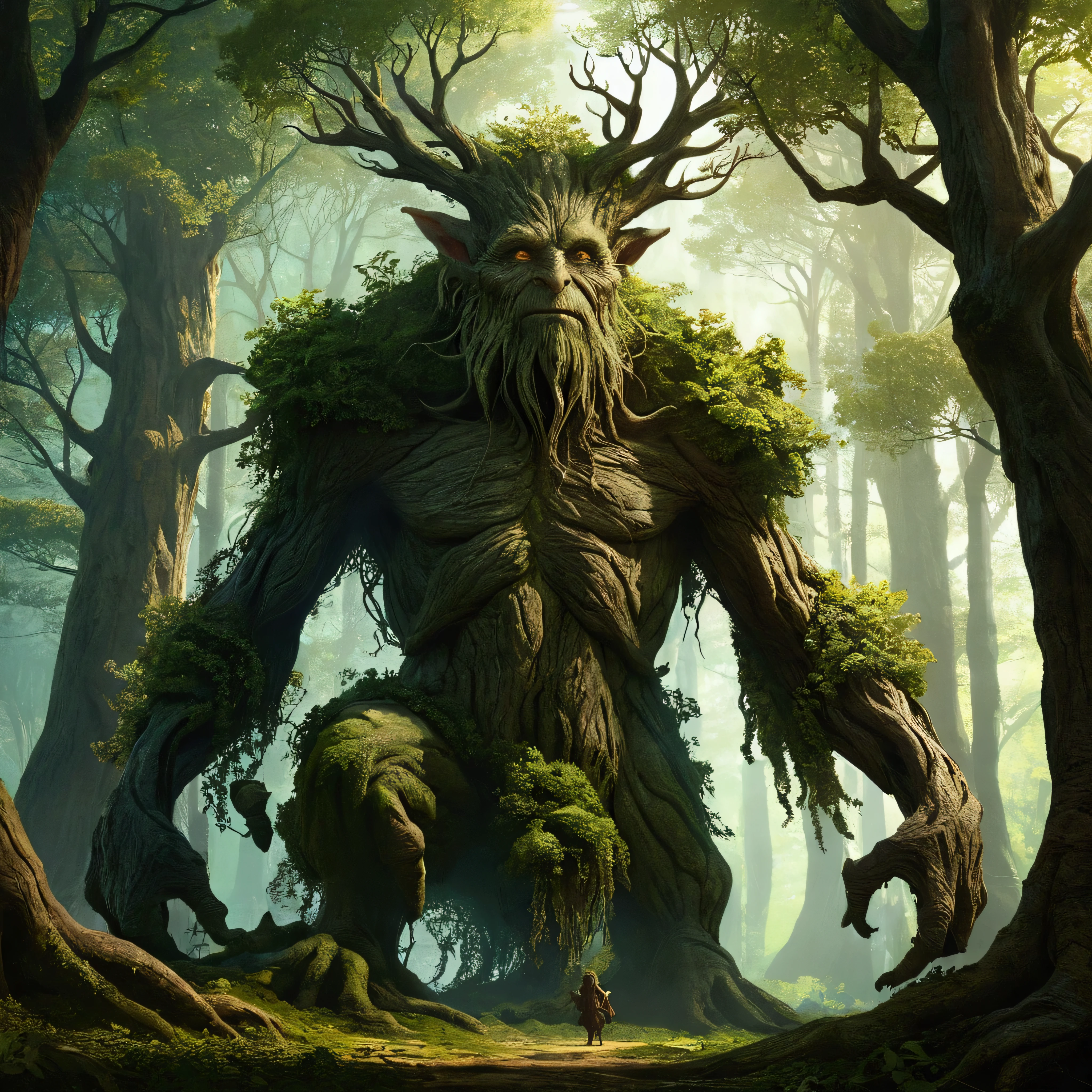 there is a very strange looking creature in the woods, concept art by Arthur Pan, Artstation contest winner, fantasy art, treebeard, treant, humblewood art style, ent, sylvain sarrailh and igor morski, ent treant dryad, forest spirit, hyperrealistic d & d fantasy art, ents, god of the forest