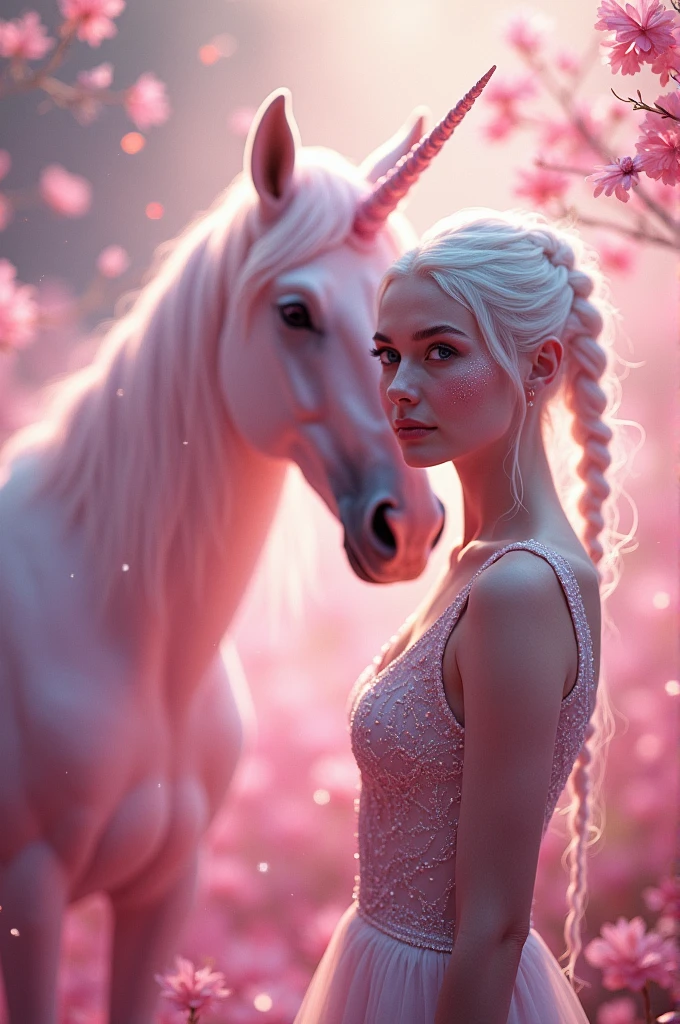 Hyperrealism cinematic film still, 8K, highly detailed and realistic. In an enchanting, pink-toned magical garden, a breathtakingly beautiful albino woman with striking blue eyes and delicate freckles on her face stands next to a majestic pink unicorn. The air shimmers with glitter and gossamer threads, while soft fairy lights cast a gentle glow. The scene is adorned with an abundance of glitter and sparkles, creating a surreal and captivating ambiance. Everything feels otherworldly, magical, and dreamlike