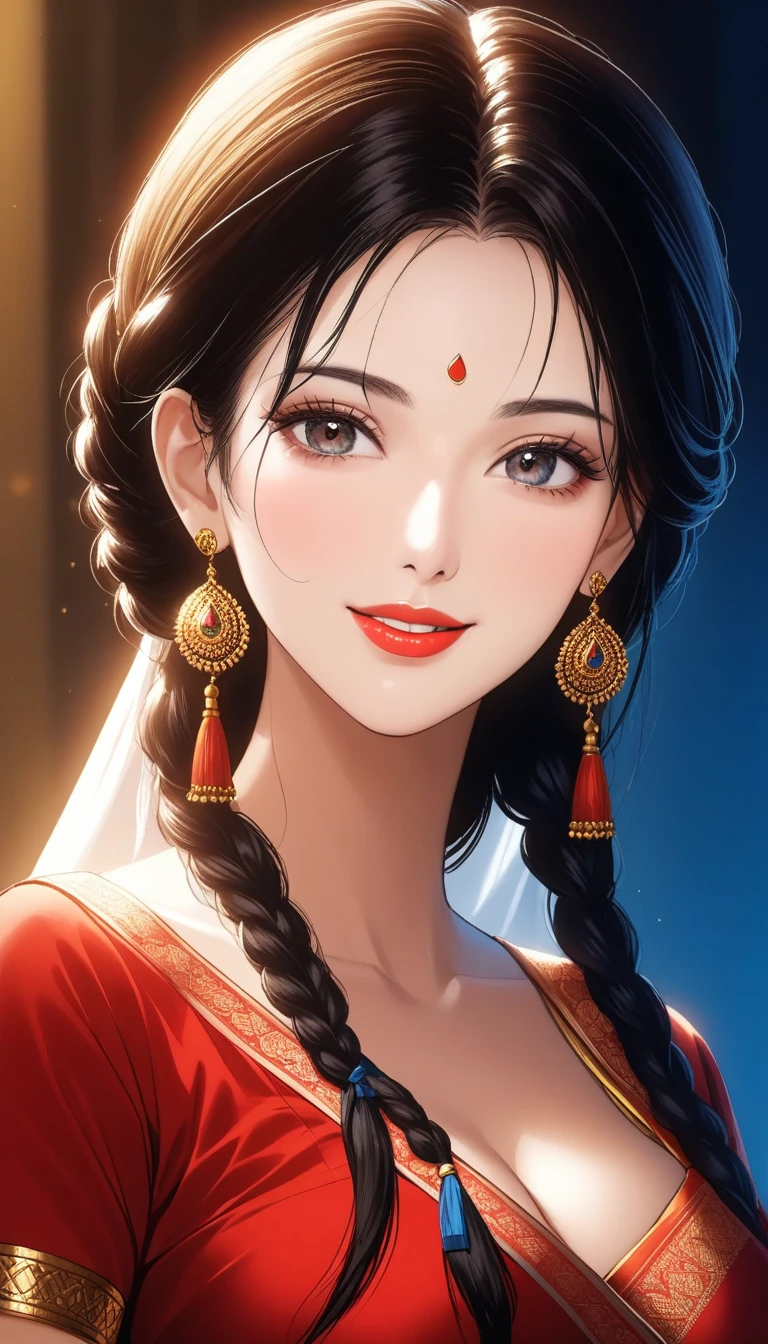 (1woman, mature, single hair braid, saree, big long jhumka earrings, detailed alluring eyes, smooth detailed lips, beautiful face, smiling, red lipstick, navel, bangles, blue ribbon, average breasts, cinematic lighting, dramatic lighting, vibrant colors, intricate details, photorealistic, 8k, hyper realistic, masterpiece, digital art, concept art)