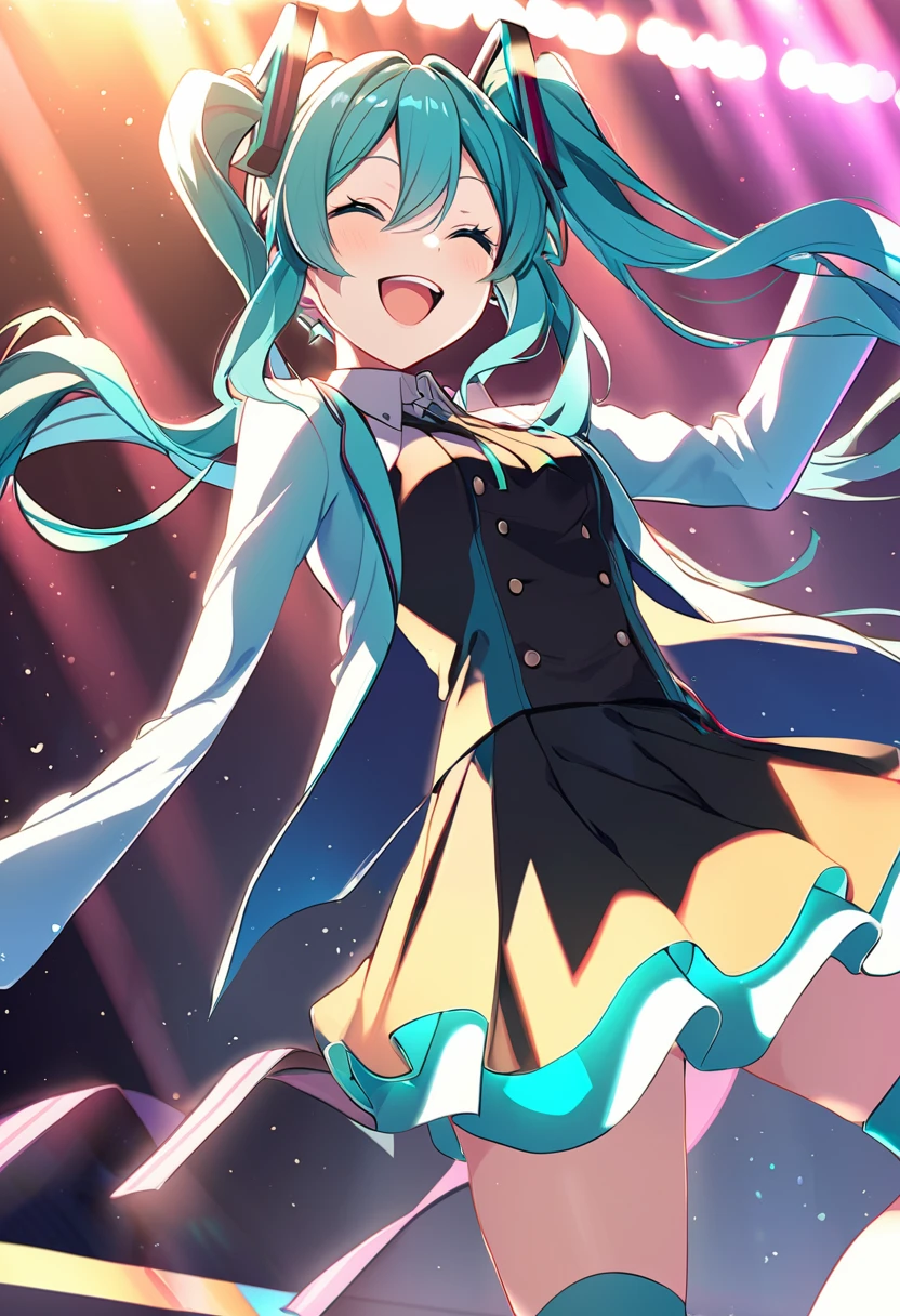 Hatsune Miku Singing on stage with a bright smile 