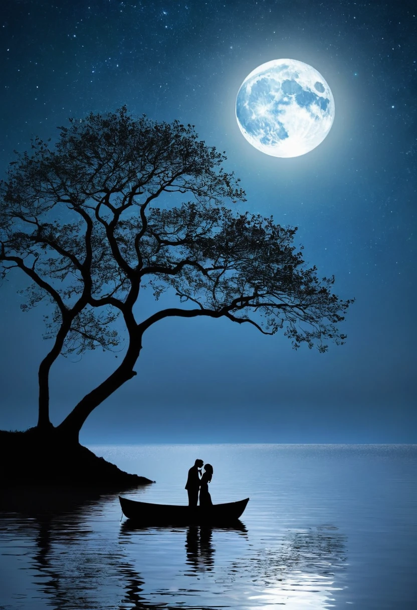 Create a tranquil night scene set on a small, isolated island in the middle of a calm, reflective lake. The island should have a single tree with a dense canopy of leaves, positioned slightly off-center. The tree's branches should be slightly bent, with some leaves gently falling, adding to the serene ambiance.Beneath the tree, depict a romantic moment between a couple. The man should be kneeling, holding out a ring or a small object, as if proposing. The woman should be standing in front of him, slightly leaning forward, possibly reaching out to accept the proposal. Their figures should be silhouetted, creating a stark contrast against the luminous background.The night sky should be clear and filled with twinkling stars. A massive, bright full moon should dominate the scene, positioned behind the couple and the tree, casting a soft, blueish light over everything. The moonlight should create long, gentle reflections of the tree, the couple, and the island on the water’s surface.To the right of the island, include a small wooden rowboat, floating on the still water. The boat should also be silhouetted, with a slight reflection on the water.The overall color palette should be dominated by deep blues and blacks, with the moon providing a soft, ethereal glow that illuminates the scene. The atmosphere should feel calm, romantic, and slightly mystical, with a focus on the serenity and intimacy of the moment