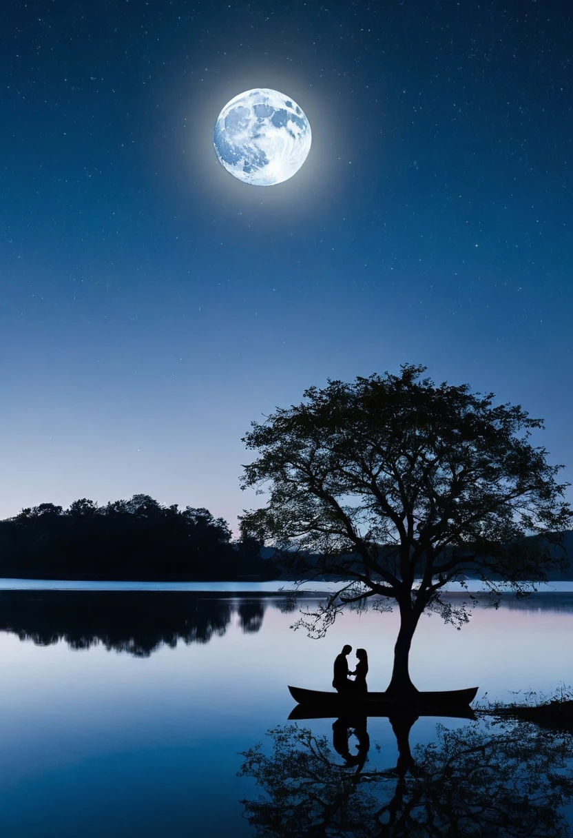 Create a tranquil night scene set on a small, isolated island in the middle of a calm, reflective lake. The island should have a single tree with a dense canopy of leaves, positioned slightly off-center. The tree's branches should be slightly bent, with some leaves gently falling, adding to the serene ambiance.Beneath the tree, depict a romantic moment between a couple. The man should be kneeling, holding out a ring or a small object, as if proposing. The woman should be standing in front of him, slightly leaning forward, possibly reaching out to accept the proposal. Their figures should be silhouetted, creating a stark contrast against the luminous background.The night sky should be clear and filled with twinkling stars. A massive, bright full moon should dominate the scene, positioned behind the couple and the tree, casting a soft, blueish light over everything. The moonlight should create long, gentle reflections of the tree, the couple, and the island on the water’s surface.To the right of the island, include a small wooden rowboat, floating on the still water. The boat should also be silhouetted, with a slight reflection on the water.The overall color palette should be dominated by deep blues and blacks, with the moon providing a soft, ethereal glow that illuminates the scene. The atmosphere should feel calm, romantic, and slightly mystical, with a focus on the serenity and intimacy of the moment