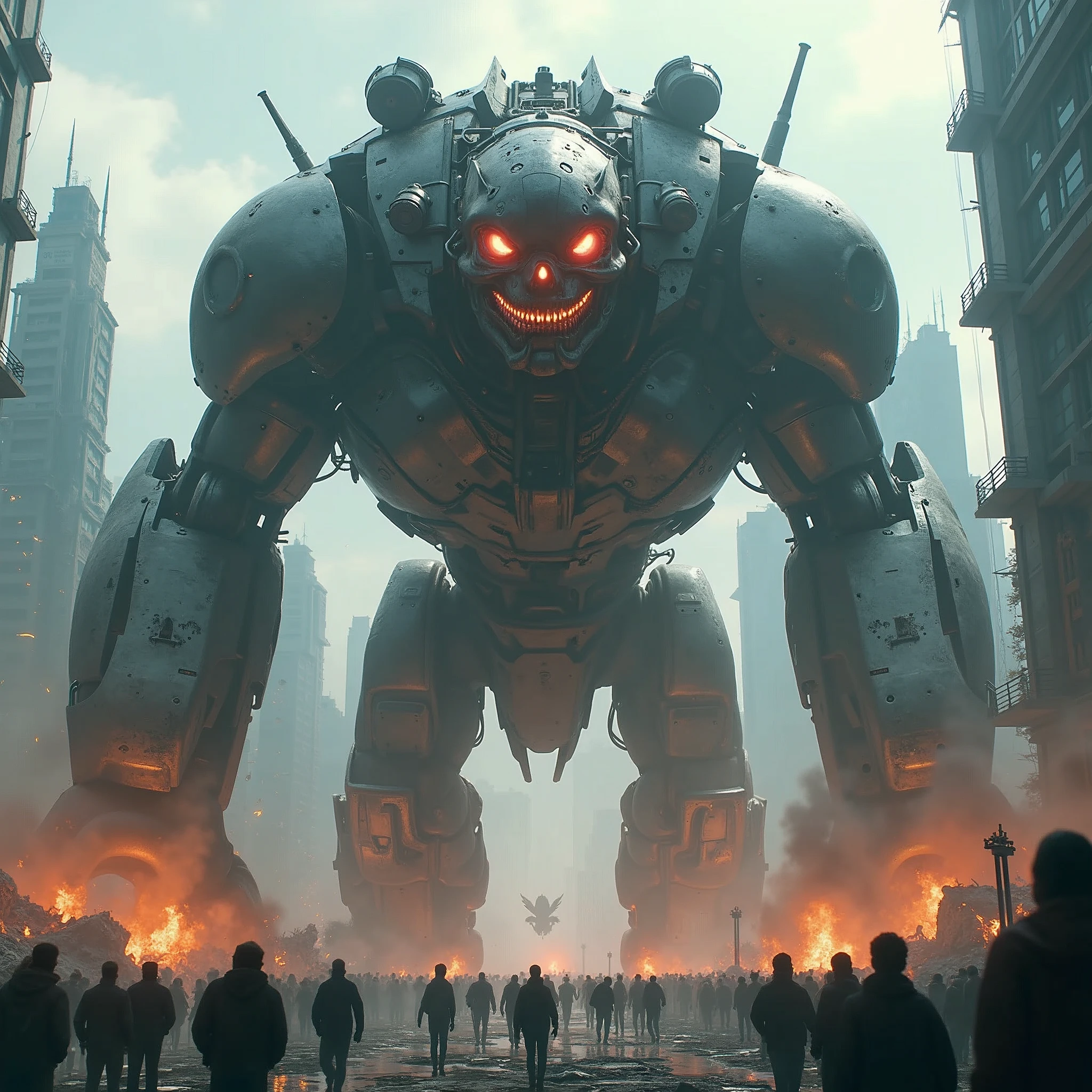 A gigantic, wild, mechanical beast rampaging through a futuristic city, crushing everything in its path. Its metallic body bristles with weapons, and its eyes glow with a feral, red light. The cityscape is in chaos, with fires and destruction everywhere. (masterpiece, ultra detailed, 8K, high resolution, cinematic lighting, photorealistic, dynamic pose)