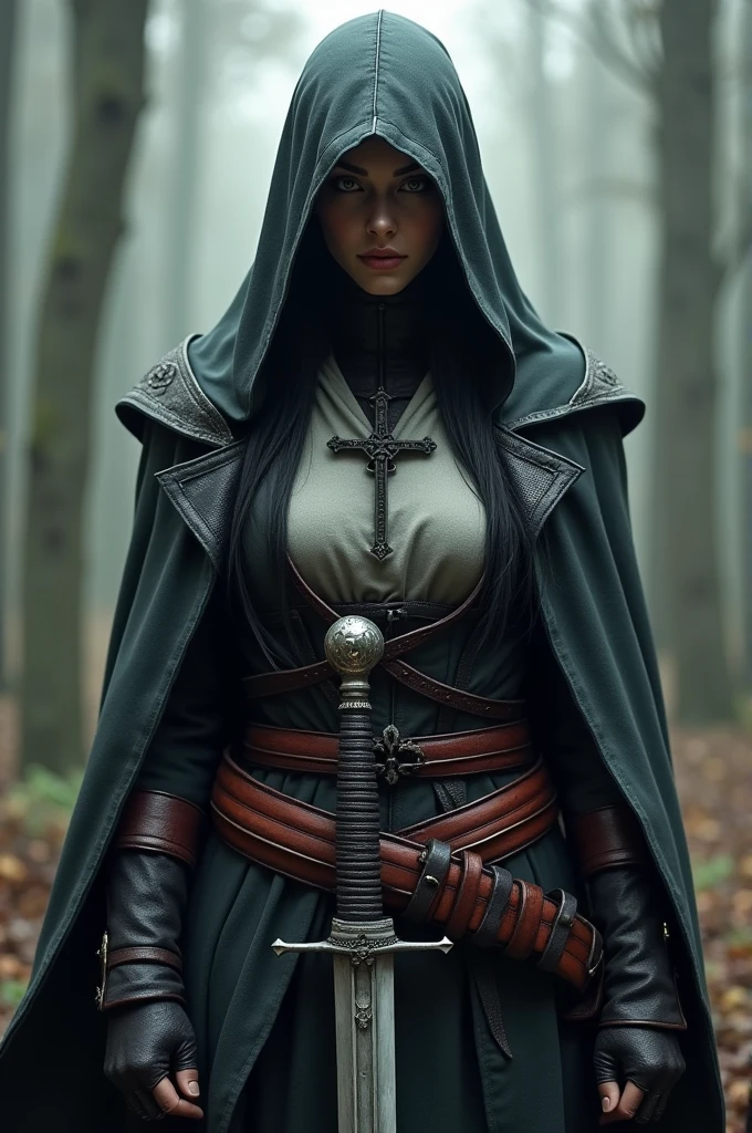 A hooded man、Female figure with a cross on her chest, Holding a long sword,Motion capture