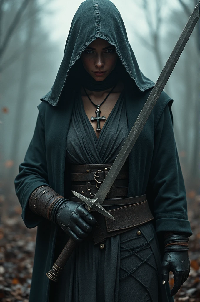 A hooded man、Female figure with a cross on her chest, Holding a long sword,Motion capture