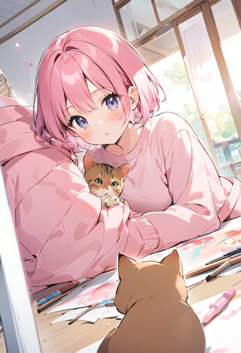 Beautiful young girl, pink hair, short hair, grey eyes, pink sweater, brown cat with pink ribbon, just before kissing, cute and stylish room,high quality, amount of drawing, pixiv illustration, Japanese anime, Clear line drawing, transparent watercolor, clear shading