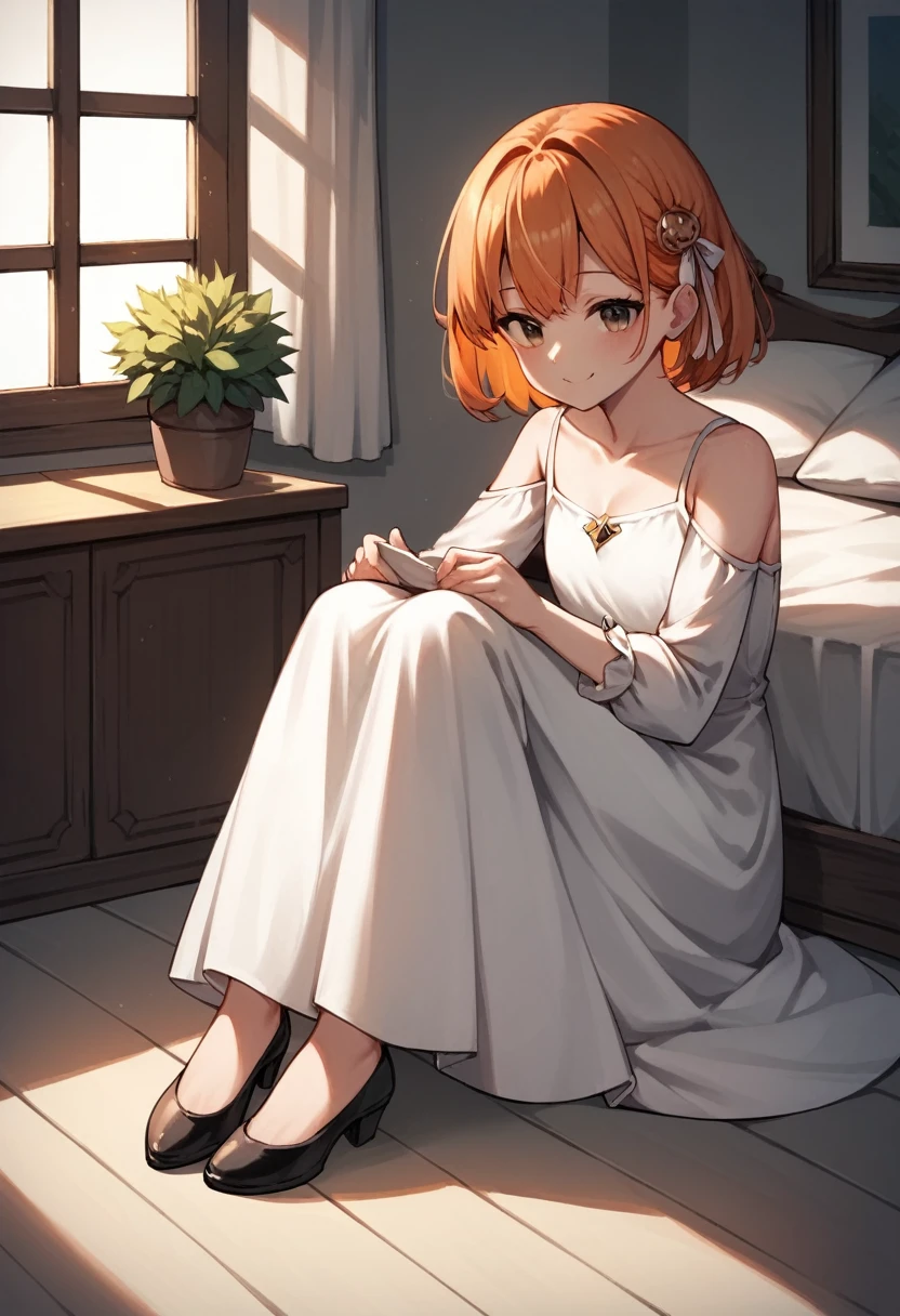 score_9, score_8_up, score_7_up, score_6_up, score_5_up, score_4_up, source_anime, 1girl,orihimedress, sit, hair ornament, white dress, long sleeves, orange hair, brown eyes, room, best quality, best res, 4K UHD,
 