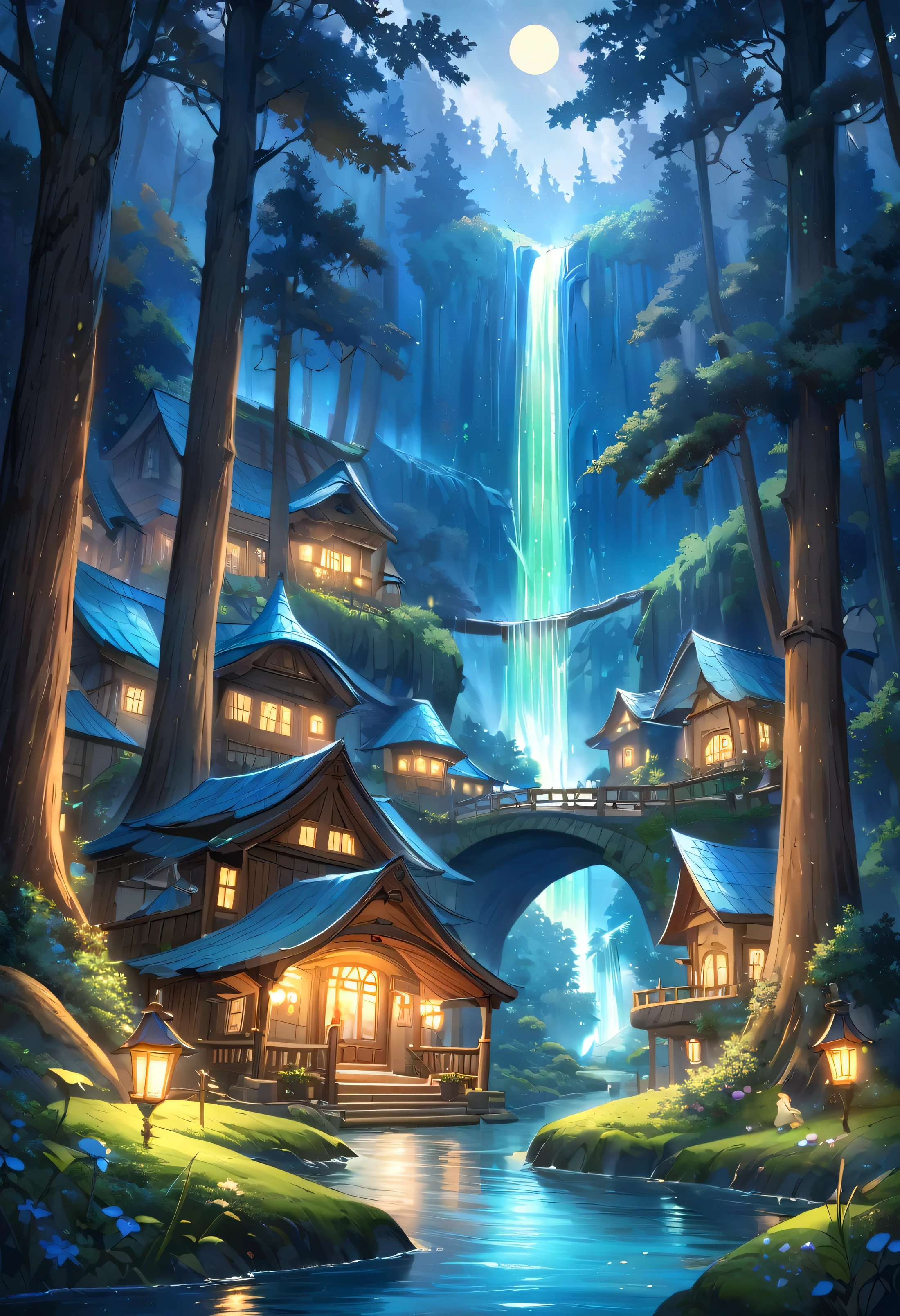 The atmosphere of a village where fairies live in a deep forest., Fairy village in a small forest, Trees cover half the sky, Hazy Mist, flowing stream of light, small winding cascading waterfall, nice waterfall, Beautiful fantasy paintings, bioluminescence waterfall, golden heavenly light, Epic surrealist 8K oil painting, A small European-style house is a fairy house, lighting in the house, forest of giant trees, calm stream water, Magnificent tree, Moonlit night,