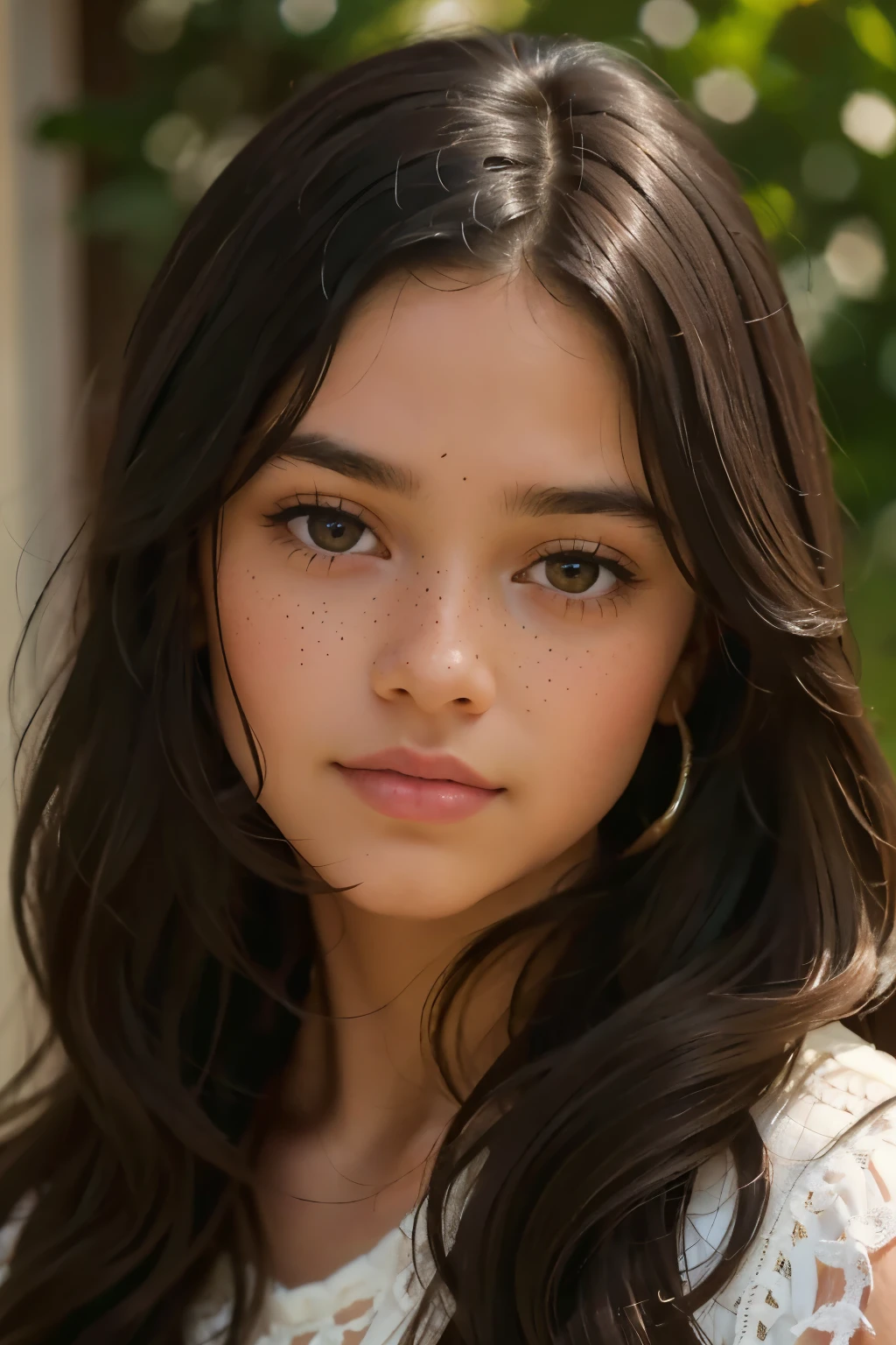 ((best quality)), ((masterpiece)), (detailed), beautiful nine year old latina girl, perfect face, calm expression, soft expression, not fully smiling, (dark brown eyes), (black eyes), photorealistic, detailed long hair, perfect lighting, (young), delicate gentle, feminine, [she is wearing clothes from the late 80's], she is beautiful, she is calm, photorealistic image, detailed long hair, perfect lighting, (young), delicate, gentle, feminine, she is beautiful, she is calm, photorealistic image, long black hair, dark brown sheen, clear brown eyes, clear black eyes, light freckles across her cheeks, long wavy hair, long curly hair, realistic, (tanned white skin)