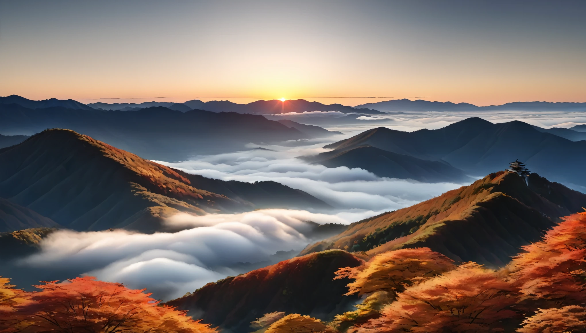 Japanese countryside, Valley, autumn, sunny, sea of clouds,morning, (Highest quality,4K,8k,High resolution,masterpiece:1.2),Very detailed,(Realistic,photoRealistic,photo-Realistic:1.37),High resolution,超High resolution,Studio Lighting,Vibrant colors,Professional