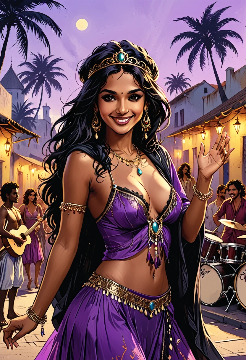 city square, smile,
(((portrait of a gypsy woman extending her hand to the observer with a smile, a gypsy woman extending her hand in front of herself,)))(gypsy dancing,black long Waves hair, black eyes, Fleshy nose, Thin nude Lips, dark makeup,(jewelry), ((tiara)), ((dark violet hood)), wearing intricate violet clothes, shawl, dark skin, mole under eye, gypsy dress, ) stage, a high stage on the street on which a gypsy dances and a music band plays, street, people looking at the stage, tropical street, palm trees, musician with a guitar, musician on drums, graphic style of novel comics, 2d, 8k, hyperrealism, masterpiece, high resolution, best quality, ultra-detailed, super realistic, Hyperrealistic art, high-quality, ultra high res, highest detailed, lot of details, Extremely high-resolution details, incredibly lifelike, colourful, soft cinematic light,