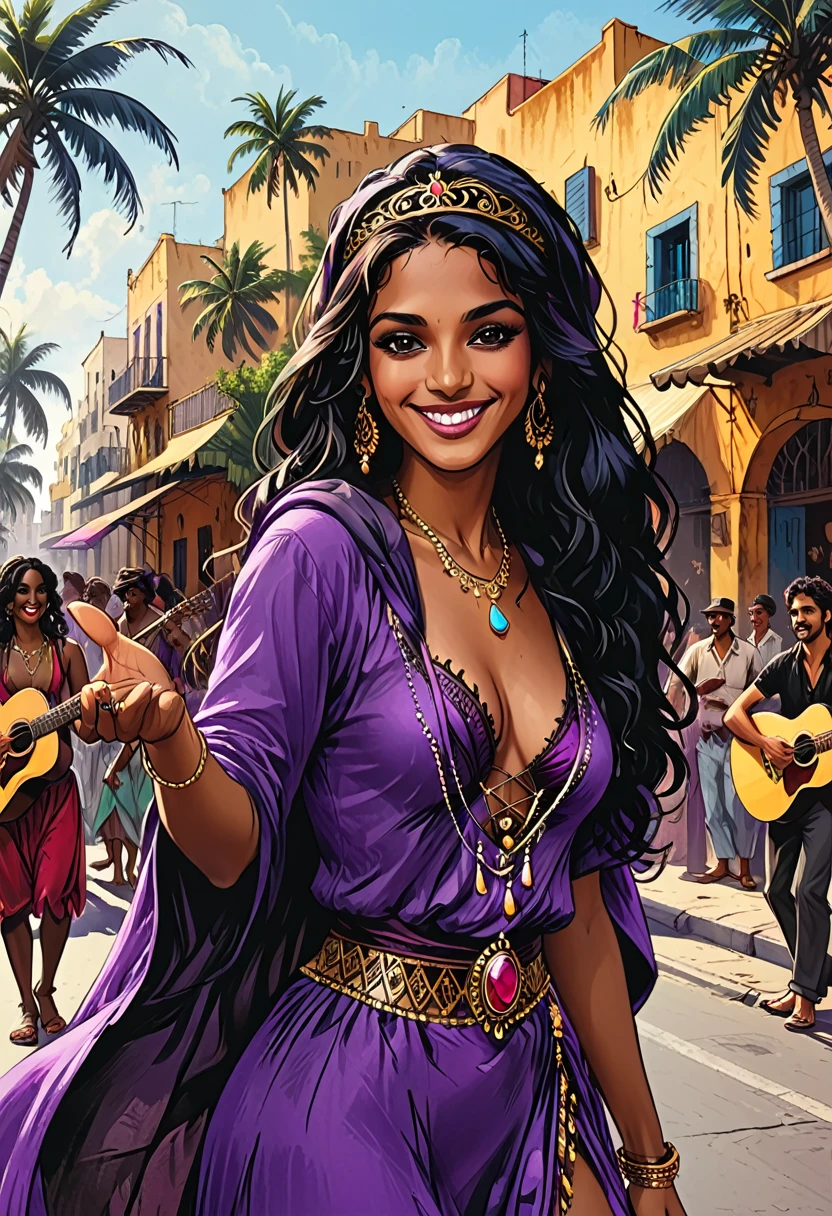 city square, smile,
(((portrait of a gypsy woman extending her hand to the observer with a smile, a gypsy woman extending her hand in front of herself,)))(gypsy dancing,black long Waves hair, black eyes, Fleshy nose, Thin nude Lips, dark makeup,(jewelry), ((tiara)), ((dark violet hood)), wearing intricate violet clothes, shawl, dark skin, mole under eye, gypsy dress, ) stage, a high stage on the street on which a gypsy dances and a music band plays, street, people looking at the stage, tropical street, palm trees, musician with a guitar, musician on drums, graphic style of novel comics, 2d, 8k, hyperrealism, masterpiece, high resolution, best quality, ultra-detailed, super realistic, Hyperrealistic art, high-quality, ultra high res, highest detailed, lot of details, Extremely high-resolution details, incredibly lifelike, colourful, soft cinematic light,