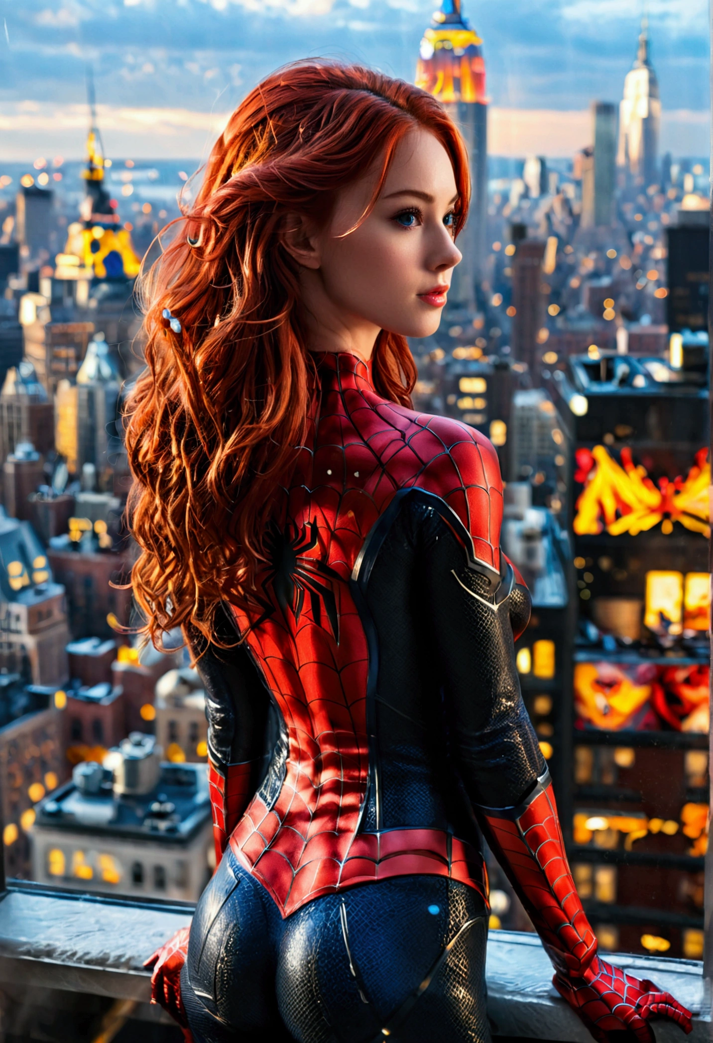 (full body shot:1) photorealistic image of a woman, ultrarealistic, photography, long red hair, woman, 24 years old, hourglass figure, perfect body, Flirty look, natural medium breasts, wearing a spider-man suit, superhero pose, from behind, standing on side of the empire state building, sticking to a window outside with one hand, she is looking down, camera looks down onto the street below
