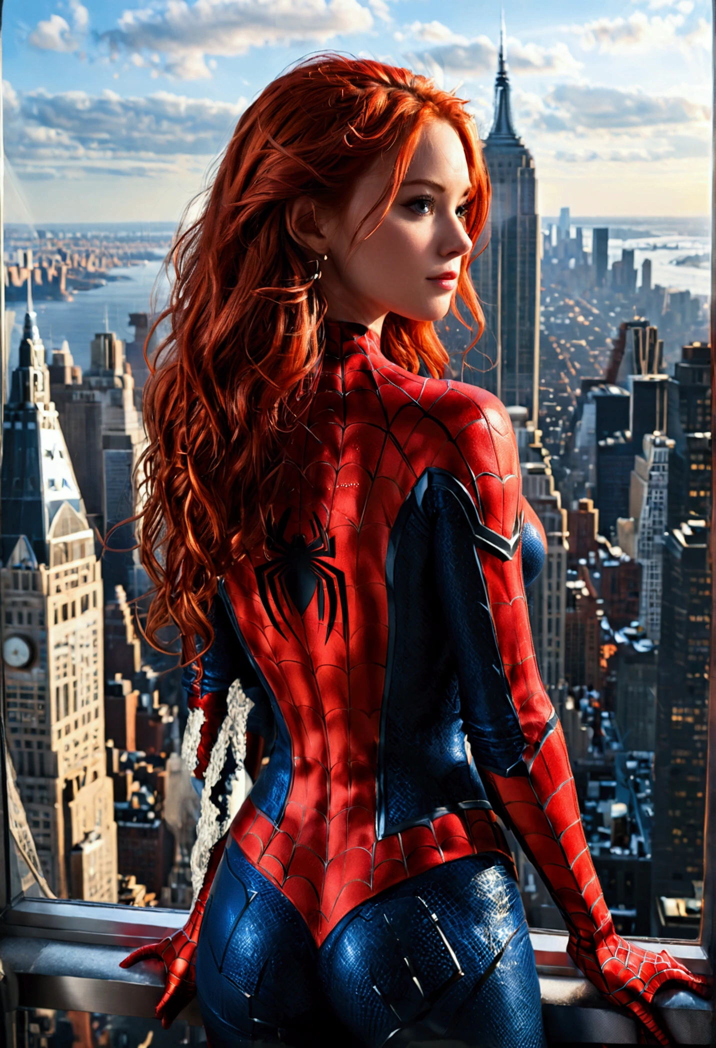 (full body shot:1) photorealistic image of a woman, ultrarealistic, photography, long red hair, woman, 24 years old, hourglass figure, perfect body, Flirty look, natural medium breasts, wearing a spider-man suit, superhero pose, from behind, standing on side of the empire state building, sticking to a window outside with one hand, she is looking down, camera looks down onto the street below