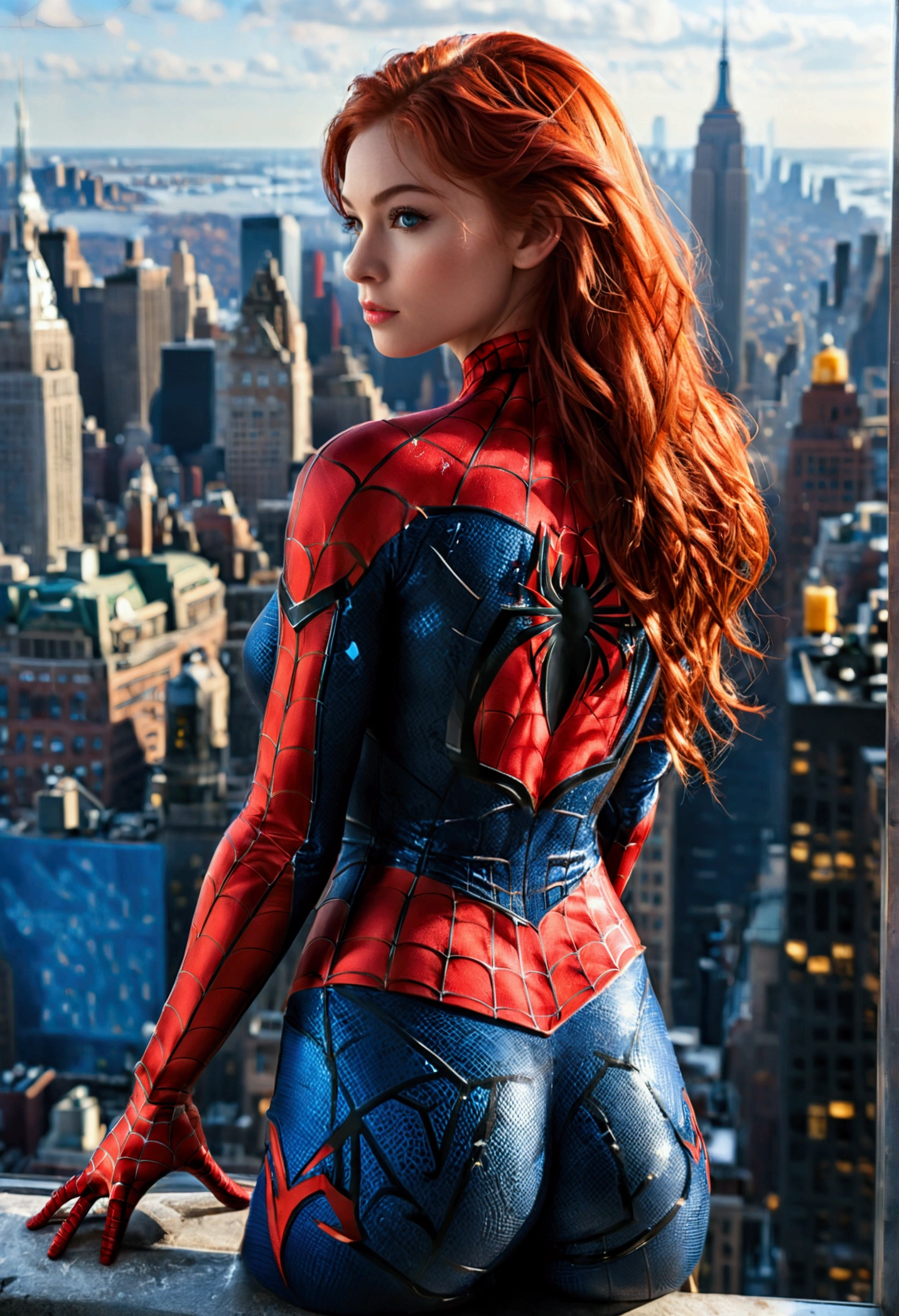 (full body shot:1) photorealistic image of a woman, ultrarealistic, photography, long red hair, woman, 24 years old, hourglass figure, perfect body, Flirty look, natural medium breasts, wearing a spider-man suit, superhero pose, from behind, standing on side of the empire state building, sticking to a window outside with one hand, she is looking down, camera looks down onto the street below
