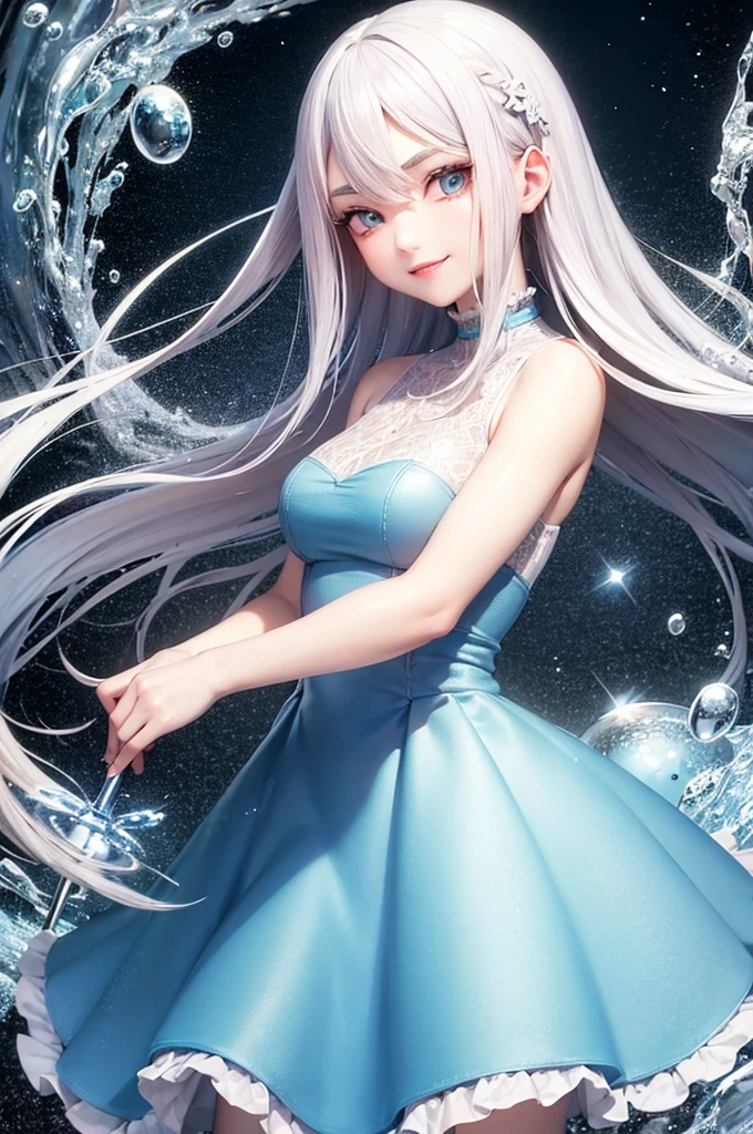 Silver Hair Medium Hair Light blue eyes Light blue thick eyebrows beautiful girl smile Pink dress Water bubbles Water Drop Wet hair