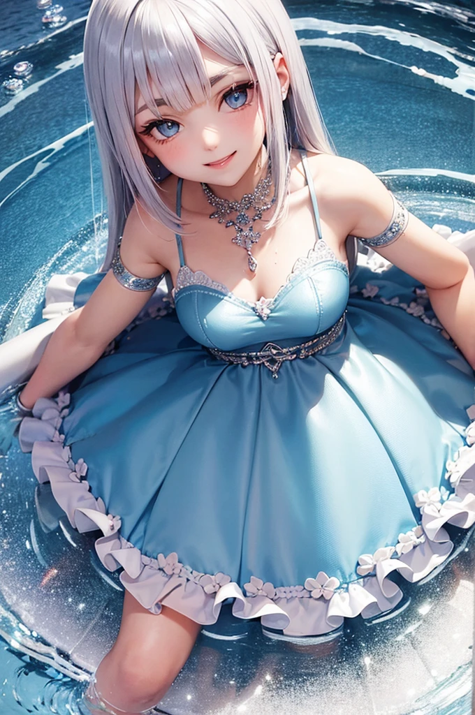 Silver Hair Medium Hair Light blue eyes Light blue thick eyebrows beautiful girl smile Pink dress Water bubbles Water Drop Wet hair