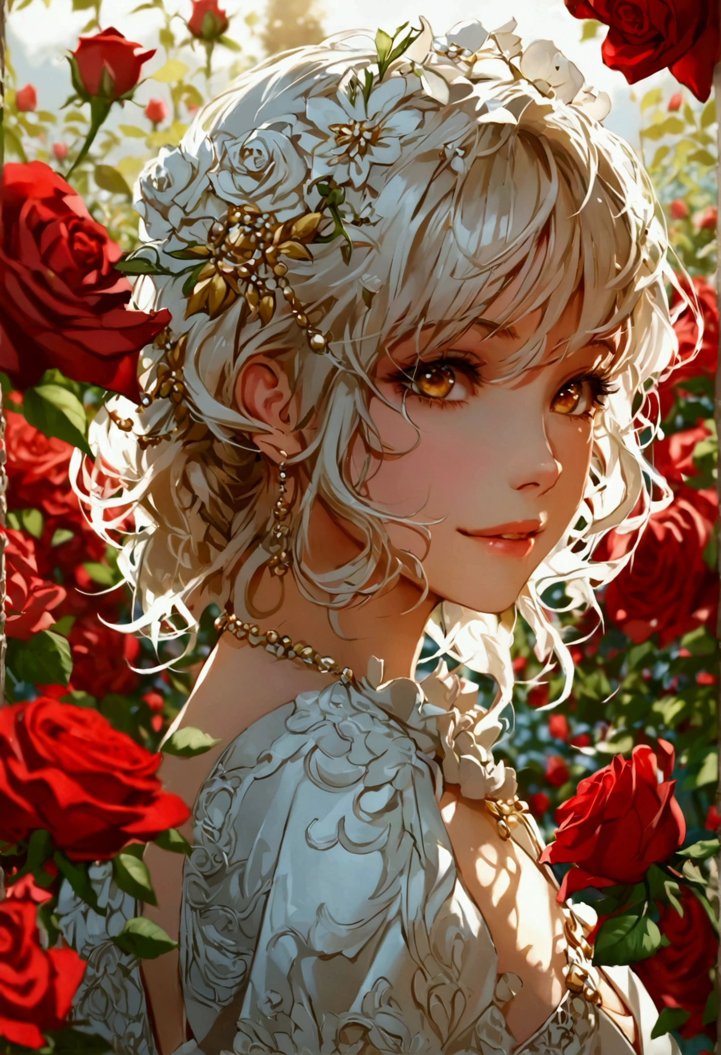 Vista, Panorama, Perspective, Depth of Field, Bust, Upper Body, Cinematic Angle, Masterpiece, Best Quality, Ultra Detailed, CG, 8K Wallpaper, Beautiful Face, Delicate Eyes, A Maiden, Solo, Smile, Silver Hair, Golden Eyes, Fair Skin, Hair Strands, Red Scarf, White Evening Dress, Rose Field, Red Flowers, Roses, Flower Field, Petals, Flying Petals, Smiling