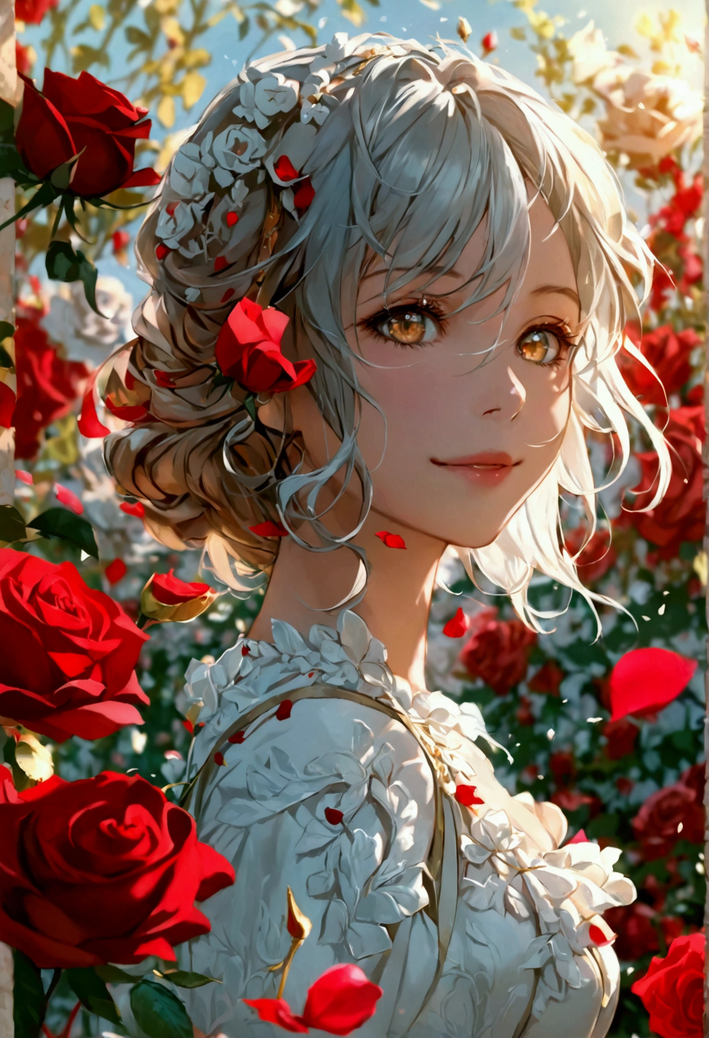 Vista, Panorama, Perspective, Depth of Field, Bust, Upper Body, Cinematic Angle, Masterpiece, Best Quality, Ultra Detailed, CG, 8K Wallpaper, Beautiful Face, Delicate Eyes, A Maiden, Solo, Smile, Silver Hair, Golden Eyes, Fair Skin, Hair Strands, Red Scarf, White Evening Dress, Rose Field, Red Flowers, Roses, Flower Field, Petals, Flying Petals, Smiling