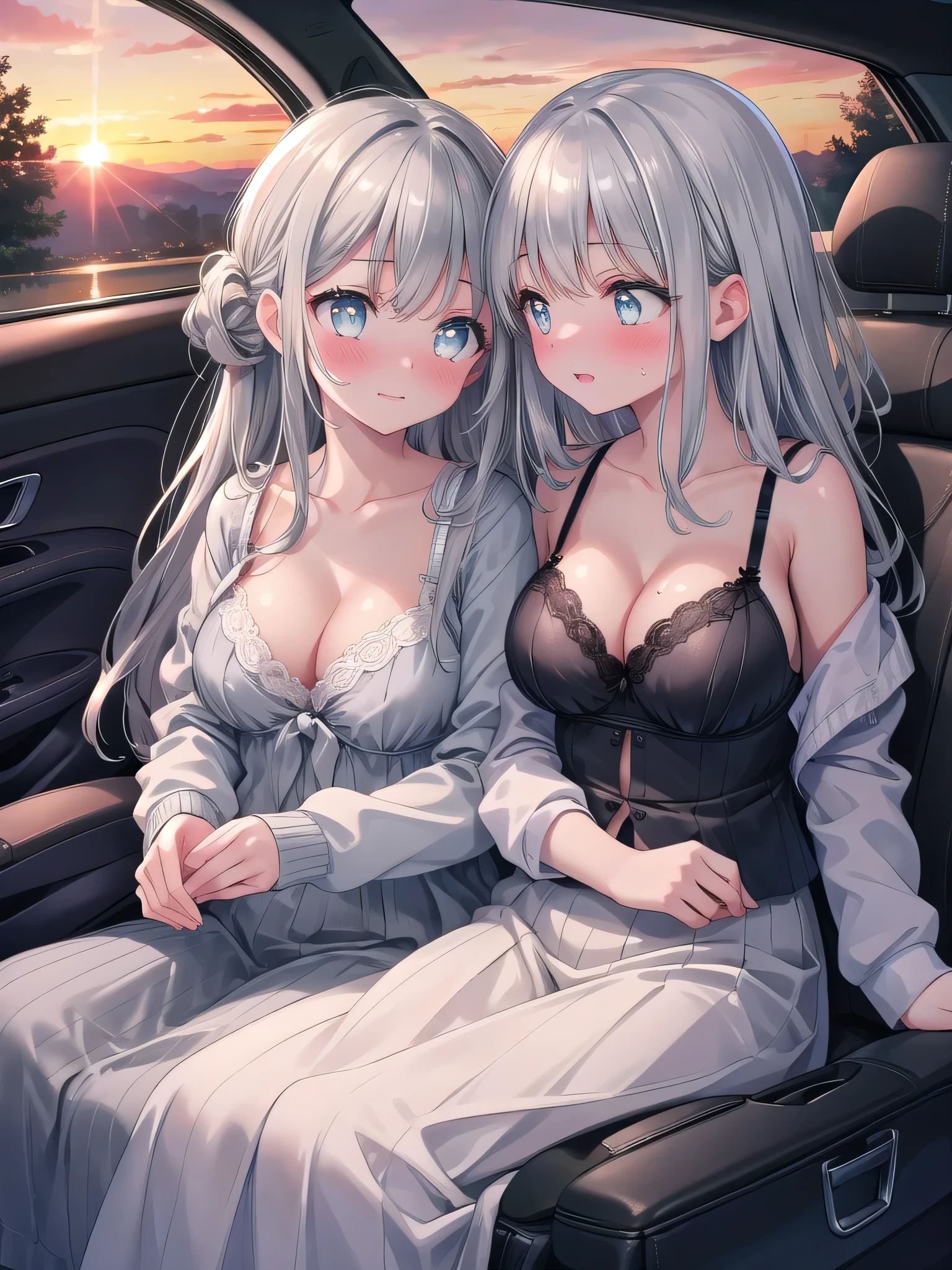 (8K, Highest Quality, Masterpiece:1.3)), Ultra High Resolution, (2 girls, duo), (color changing eyes, highly detailed, expressive glow, sparkling eyes), highly detailed eyes, highly detailed face, random hair, (silver grey color), (preppy style:1.1), (embarrassed face:1.1), red cheeks, (cleavage), face to face hug, front angle, good cleavage, a little bit of bra visible, bra straps undone, grabbing each other's breasts, (car seat, sunset:1.2)