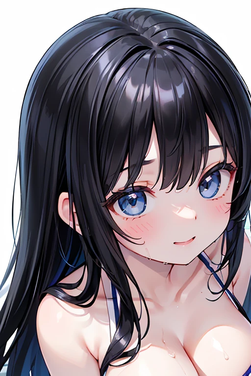 masterpiece, Highest quality, Ultra-high resolution, (Realistic photos: 1.4), ((1 girl, Pale skin: 1.4, Kneel, From above, Looking up at the audience, Face close-up, 19 years old, cute, cute, Black Hair, game, long hair, Big Breasts: 1.6)) (Bikini Swimwear: 1.3, Blue and white two-tone swimsuit, Shiny shiny swimsuit, Shiny shiny swimsuit, Glossy swimsuit with reflective surfaces, Soaking wet: 1.2) (Portraits of famous Japanese actresses), (smile, Happy, Joyful, Hilarious, Shut your mouth.), (Chest between the chest and the arms), Highly detailed eyes, ((((A truly pure white background, No background)))), Long neck, eyelash, Big eyes, (so beautiful, so beautiful)), ((((Natural light))))