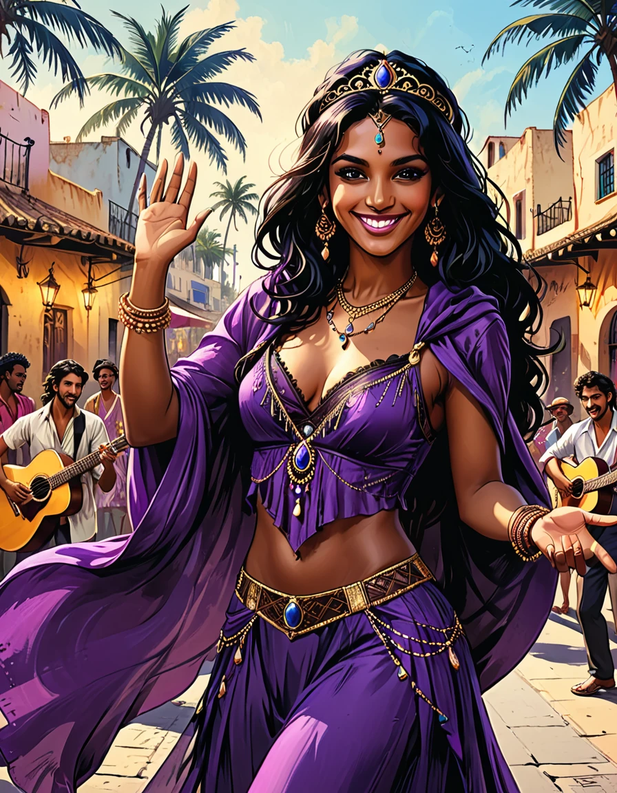 city square, smile,
(((portrait of a gypsy woman extending her hand to the observer with a smile, a gypsy woman extending her hand in front of herself,)))(gypsy dancing,black long Waves hair, black eyes, Fleshy nose, Thin nude Lips, dark makeup,(jewelry), ((tiara)), ((dark violet hood)), wearing intricate violet clothes, shawl, dark skin, mole under eye, gypsy dress, ) stage, a high stage on the street on which a gypsy dances and a music band plays, street, people looking at the stage, tropical street, palm trees, musician with a guitar, musician on drums, graphic style of novel comics, 2d, 8k, hyperrealism, masterpiece, high resolution, best quality, ultra-detailed, super realistic, Hyperrealistic art, high-quality, ultra high res, highest detailed, lot of details, Extremely high-resolution details, incredibly lifelike, colourful, soft cinematic light,
