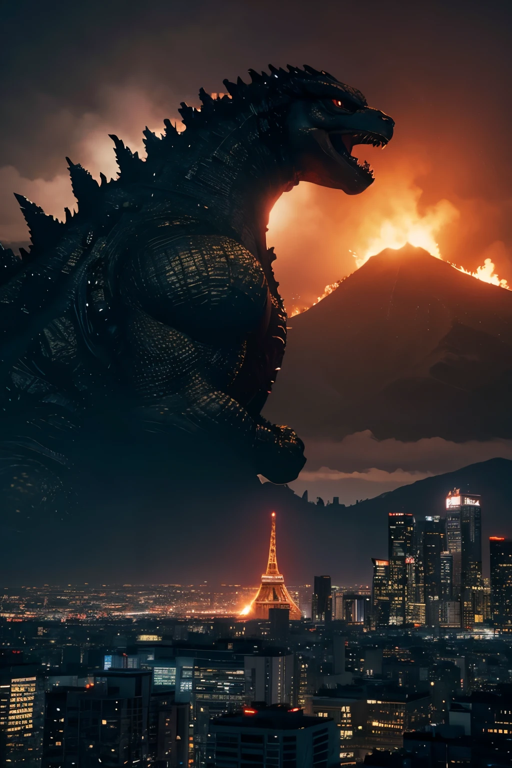 Godzilla, The behemoth stands in the distance destroying the city, Surrealism, cinematic lighting, from below, UHD, masterpiece, best quality