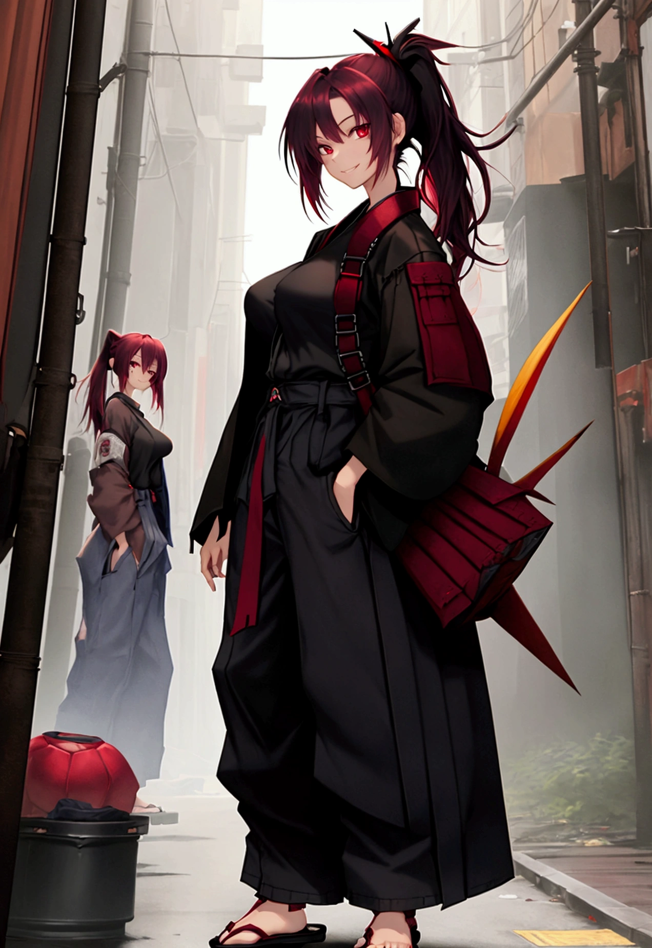 1girl, Young, tall, lean, muscular, (black to maroon hair, long hair, ponytail, dark red eyes, big breasts), ((black shirt, baggy black hakama pants, sandals, baggy white jacket)), hands in pockets, relaxed, smiling, standing