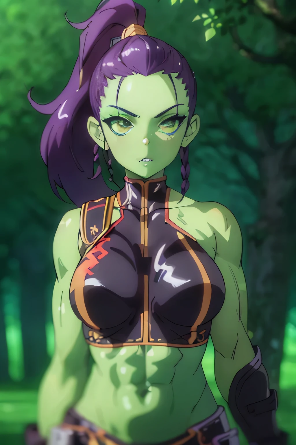 photo of beautiful Orc, RAW, beautiful woman, (portrait), (detailed anime face:1.2), (detailed green skin, dark green makeup, smooth green skin: 1.22), (Long dark braided ponytail: 1.4), (perfect proportioned body, Strong, muscular, narrow waist, narrow hips, skinny, medium breasts), (she wears cropped leather armor), (detailed dark Forest, giant trees), (realistic photo, best quality, detailed), (8k wallpaper), (cinematic lighting, beautiful light, (day:1.3)) (sharp focus, intricate)