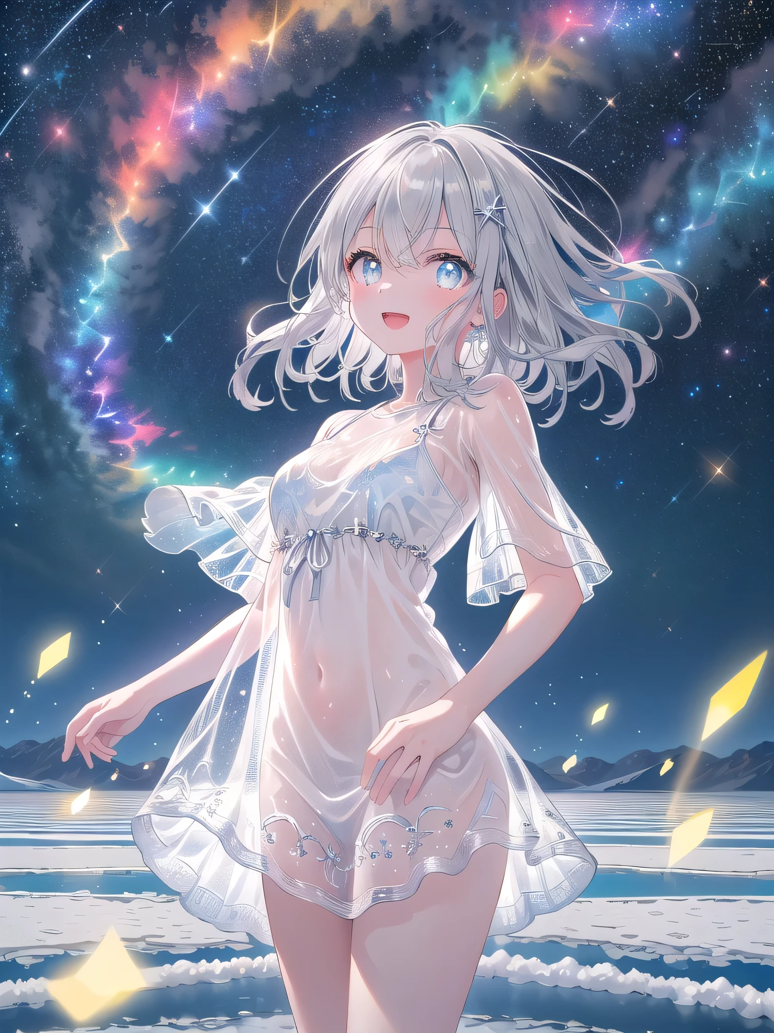 (8K, Highest Quality, Masterpiece:1.3)), Ultra High Resolution, (1 girl, 1 person), (Color changing eyes, Very detailed, Expressive glow, Sparkling eyes), Very detailed eyes, Very detailed face, Random hair, (Silver grey color), (See-through summer dress:1.2), (Ecstatic expression:1.3), Standing, Front angle, (Uyuni Salt Flats, Starry sky:1.2),