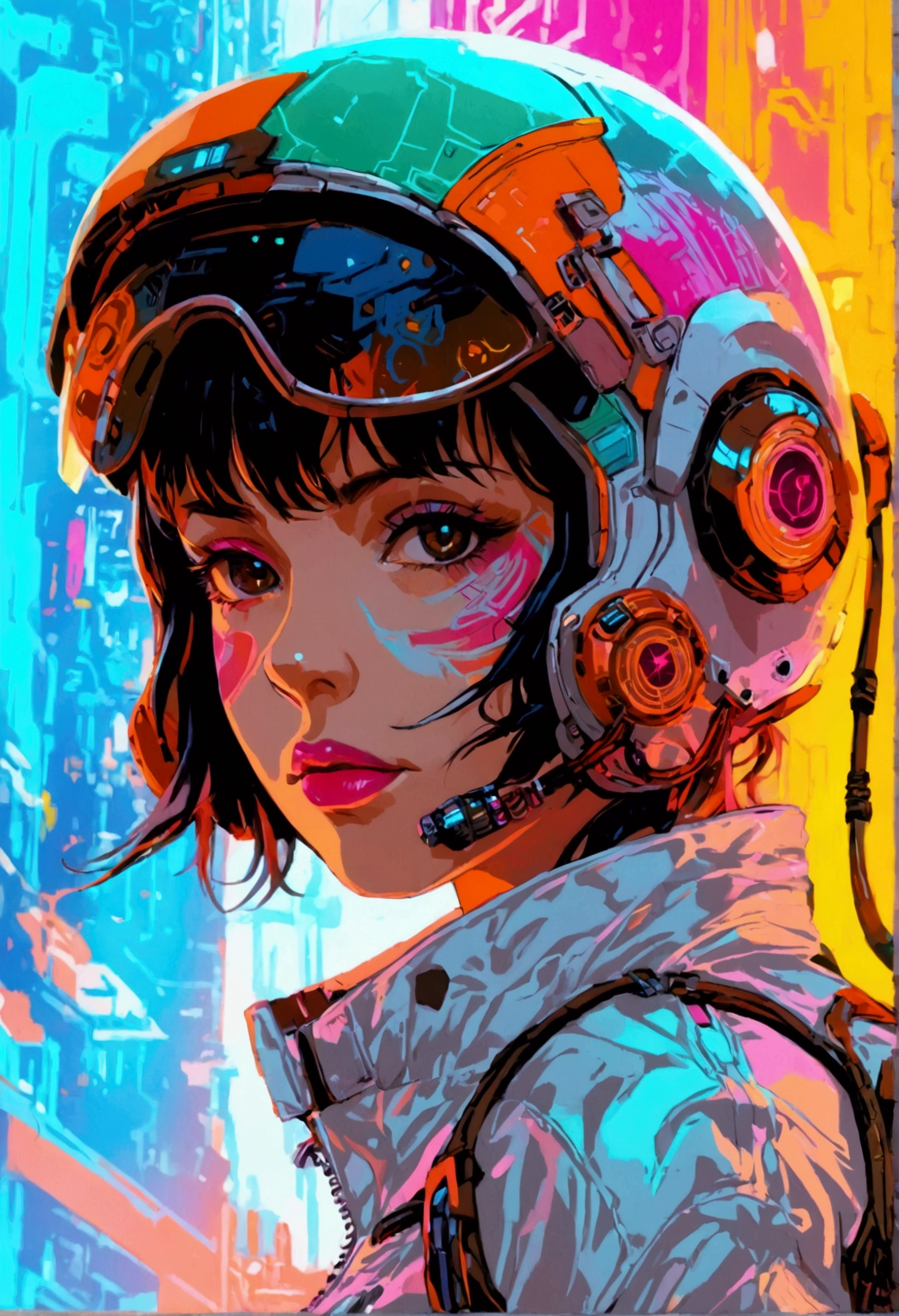 (masterpiece,best quality,ultra detailed,ultra high res,detailed background),((cyberpunk)),((flat color)),((colorful)),(1girl),pilot,pilot helmet,pilot jacket,looking at viewer,solo,upper body,colored background,high contrast,contrasting colors,cowboy shot,