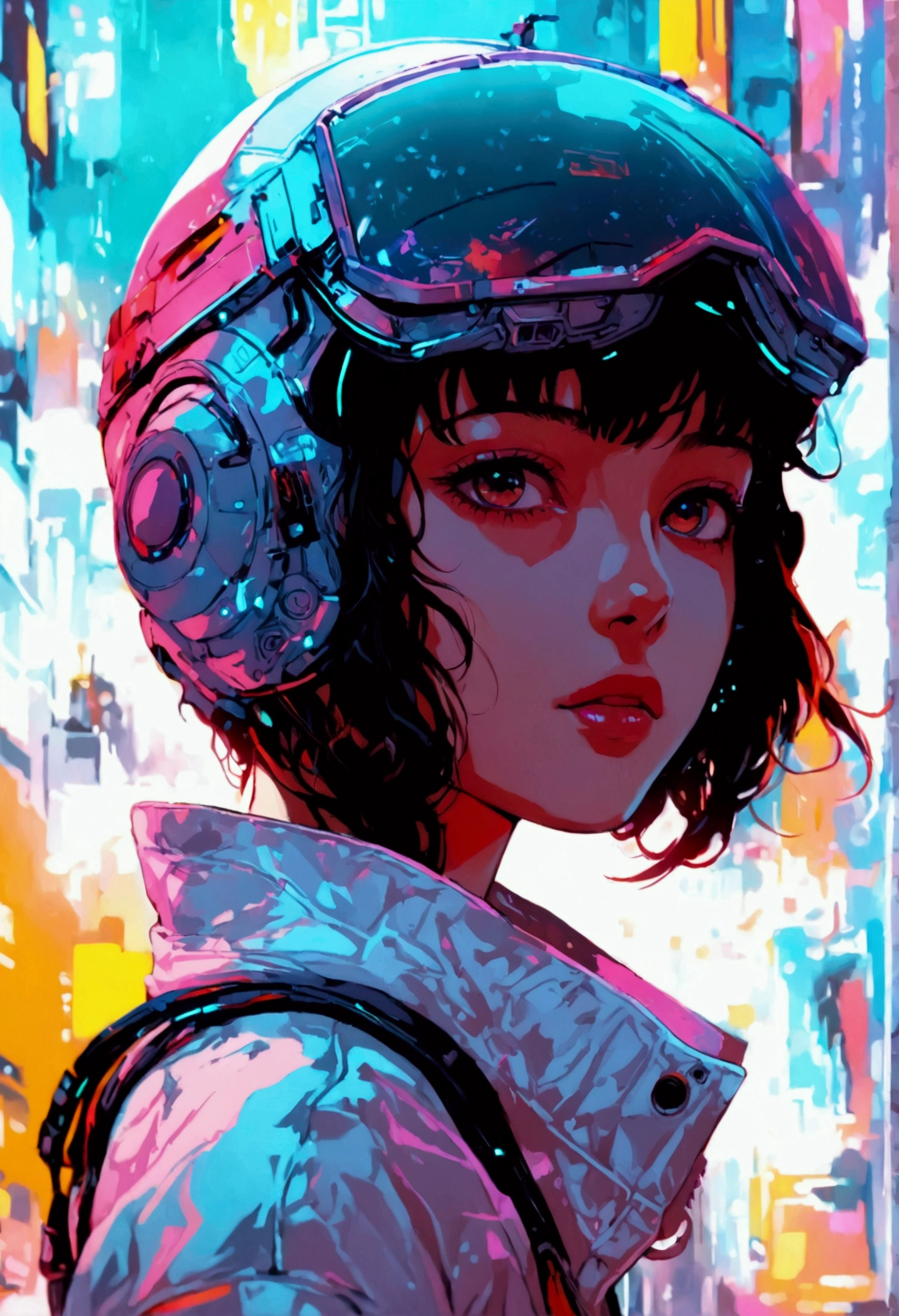 (masterpiece,best quality,ultra detailed,ultra high res,detailed background),((cyberpunk)),((flat color)),((colorful)),(1girl),pilot,pilot helmet,pilot jacket,looking at viewer,solo,upper body,colored background,high contrast,contrasting colors,cowboy shot,