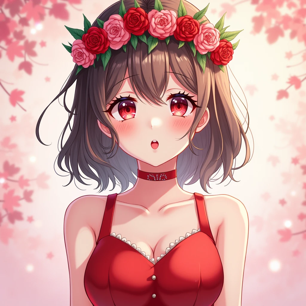 (masterpiece),(best quality:1.0), (ultra highres:1.0), detailed illustration, 8k, anime, 1girl, beautiful anime girl, wearing a red dress, flower crown, pretty face, detailed face, beautiful eyes, detailed eyes, dark red eyes, bright red lips, red lipstick, beautiful stylish hair, highlights in hair, bangs anime style, best quality, vibrant