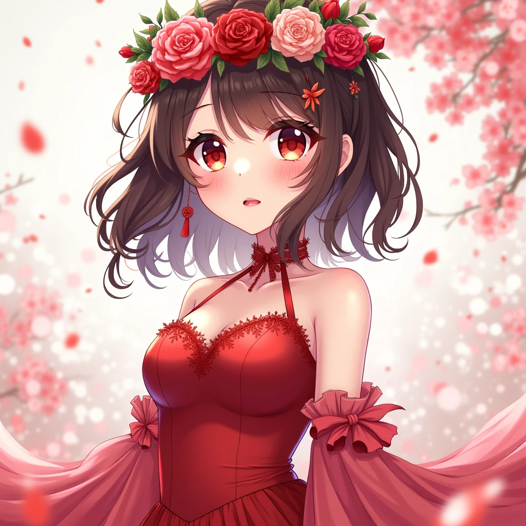 (masterpiece),(best quality:1.0), (ultra highres:1.0), detailed illustration, 8k, anime, 1girl, beautiful anime girl, wearing a red dress, flower crown, pretty face, detailed face, beautiful eyes, detailed eyes, dark red eyes, bright red lips, red lipstick, beautiful stylish hair, highlights in hair, bangs anime style, best quality, vibrant