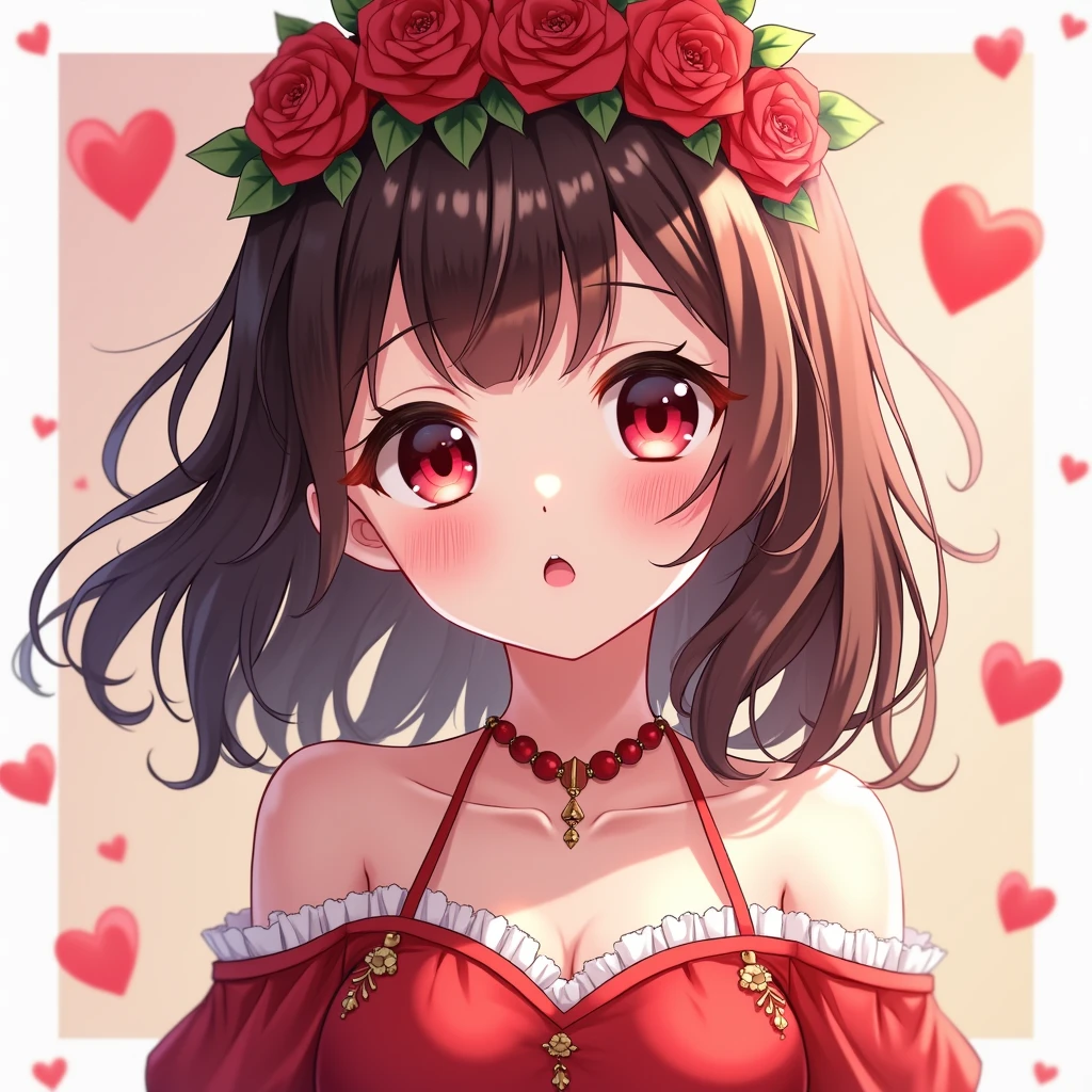 (masterpiece),(best quality:1.0), (ultra highres:1.0), detailed illustration, 8k, anime, 1girl, beautiful anime girl, wearing a red dress, flower crown, pretty face, detailed face, beautiful eyes, detailed eyes, dark red eyes, bright red lips, red lipstick, beautiful stylish hair, highlights in hair, bangs anime style, best quality, vibrant