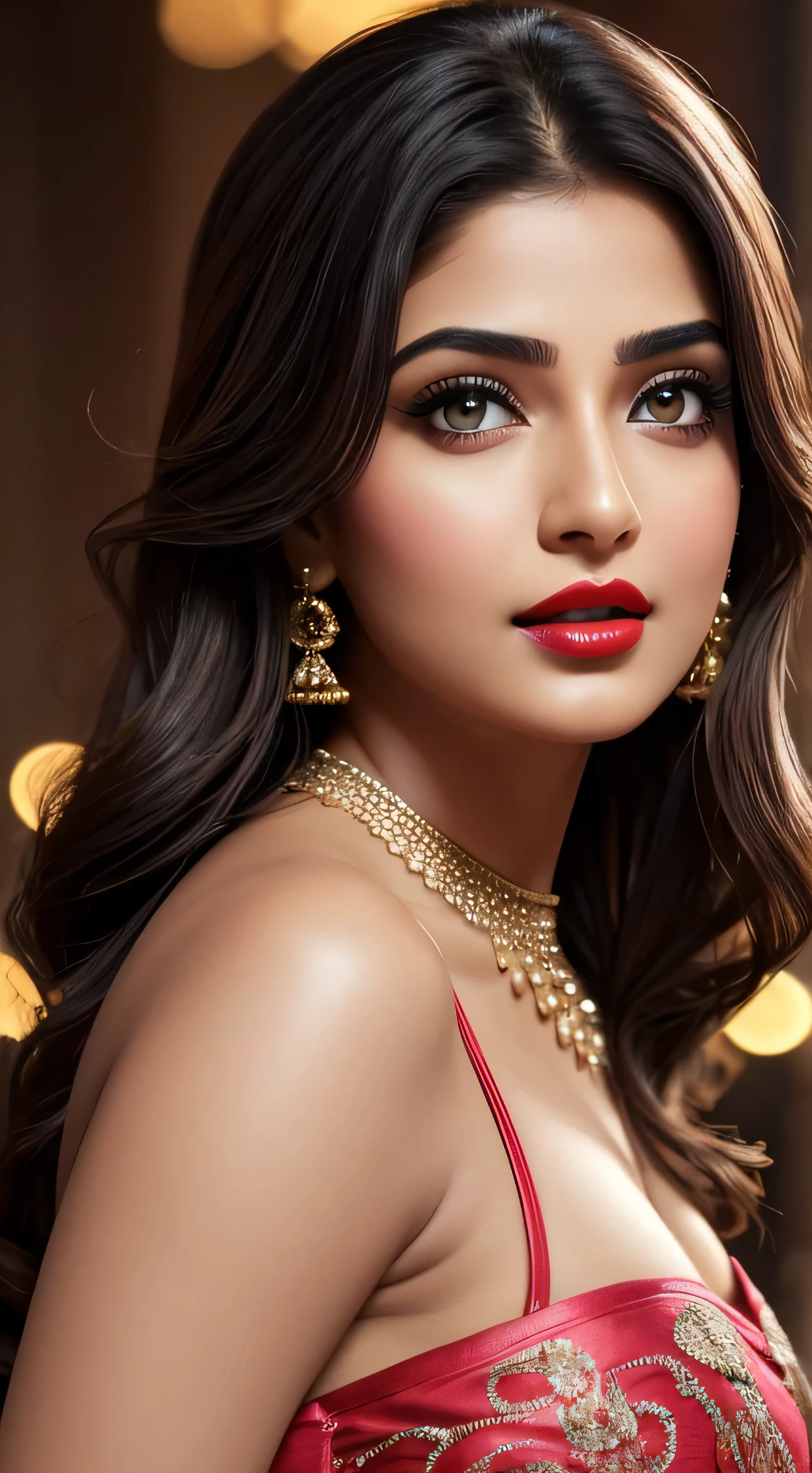 night bokeh effect background, perfect pink eyes, fantastic face, Indian, beautiful look, ((red lips, bright eyes, curve heir 1.5)), ((beautiful details body)), A glorious gorgeous bollywood actress, glorious gorgeous face, pretty face, bright eyes, detailed dress, updo elegant hair, blurred gray tones background, ultra focus, face ilumined, face detailed, 8k resolution, painted, dry brush, brush strokes,
