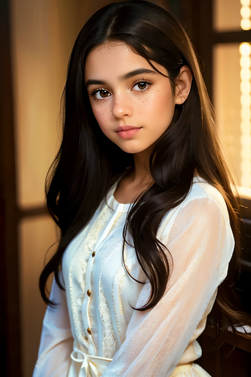 ((best quality)), ((masterpiece)), (detailed), beautiful nine year old latina girl, perfect face, calm expression, soft expression, not fully smiling, (dark brown eyes), (black eyes), photorealistic, detailed long hair, perfect lighting, (young), delicate gentle, feminine, [she is wearing clothes from the late 80's], she is beautiful, she is calm, photorealistic image, detailed long hair, perfect lighting, (young), delicate, gentle, feminine, she is beautiful, she is calm, photorealistic image, long black hair, dark brown sheen, clear brown eyes, clear black eyes, light freckles across her cheeks, long wavy hair, long curly hair, realistic, (tanned white skin)